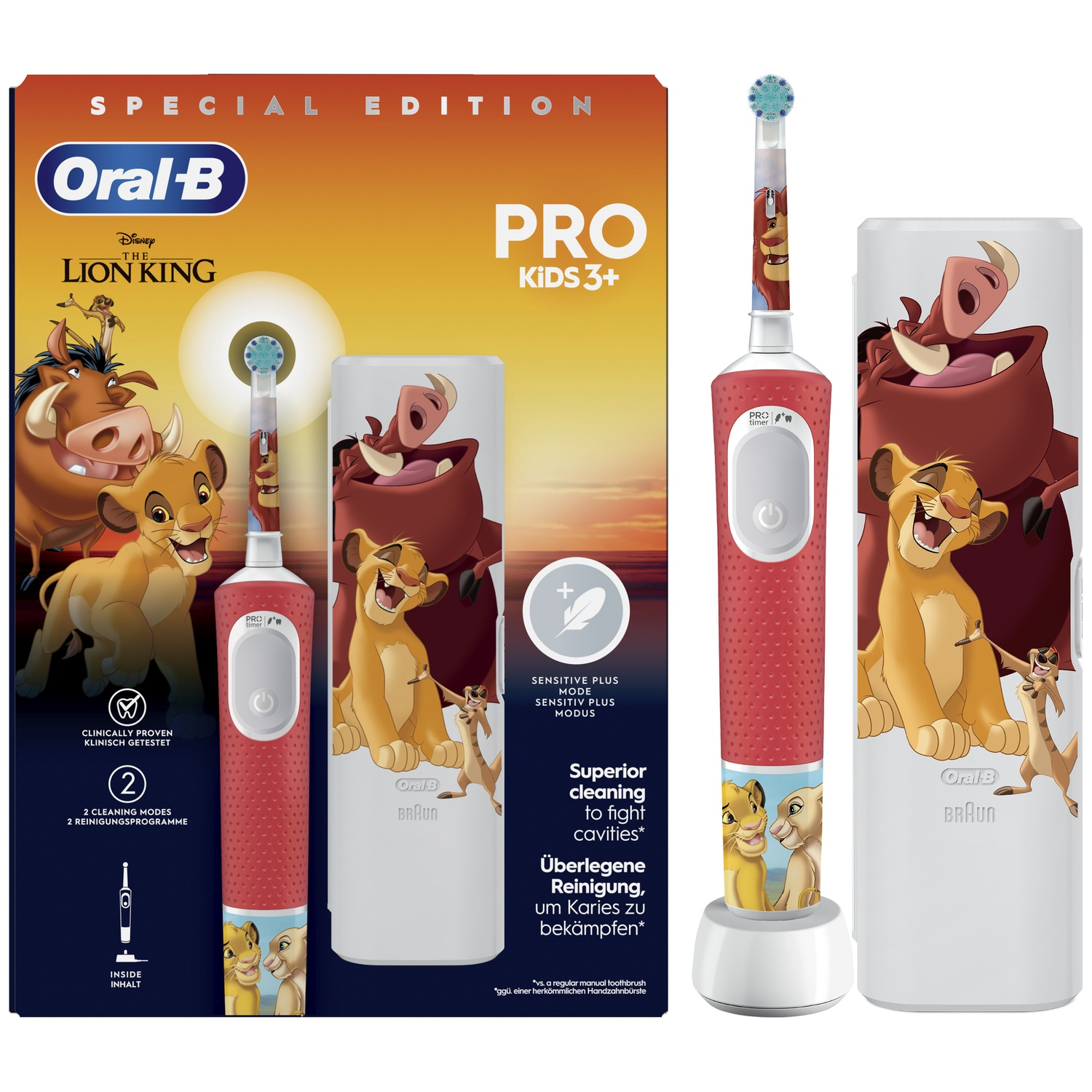 Oral-B Pro Kids 3+ electric toothbrush with Lion King characters on packaging and handle.