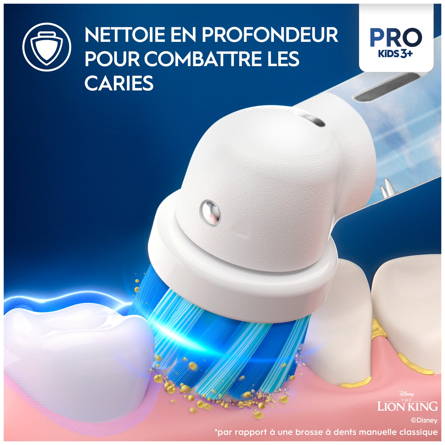 Une brosse à dents électrique nettoie des dents blanches sur des gencives roses.
