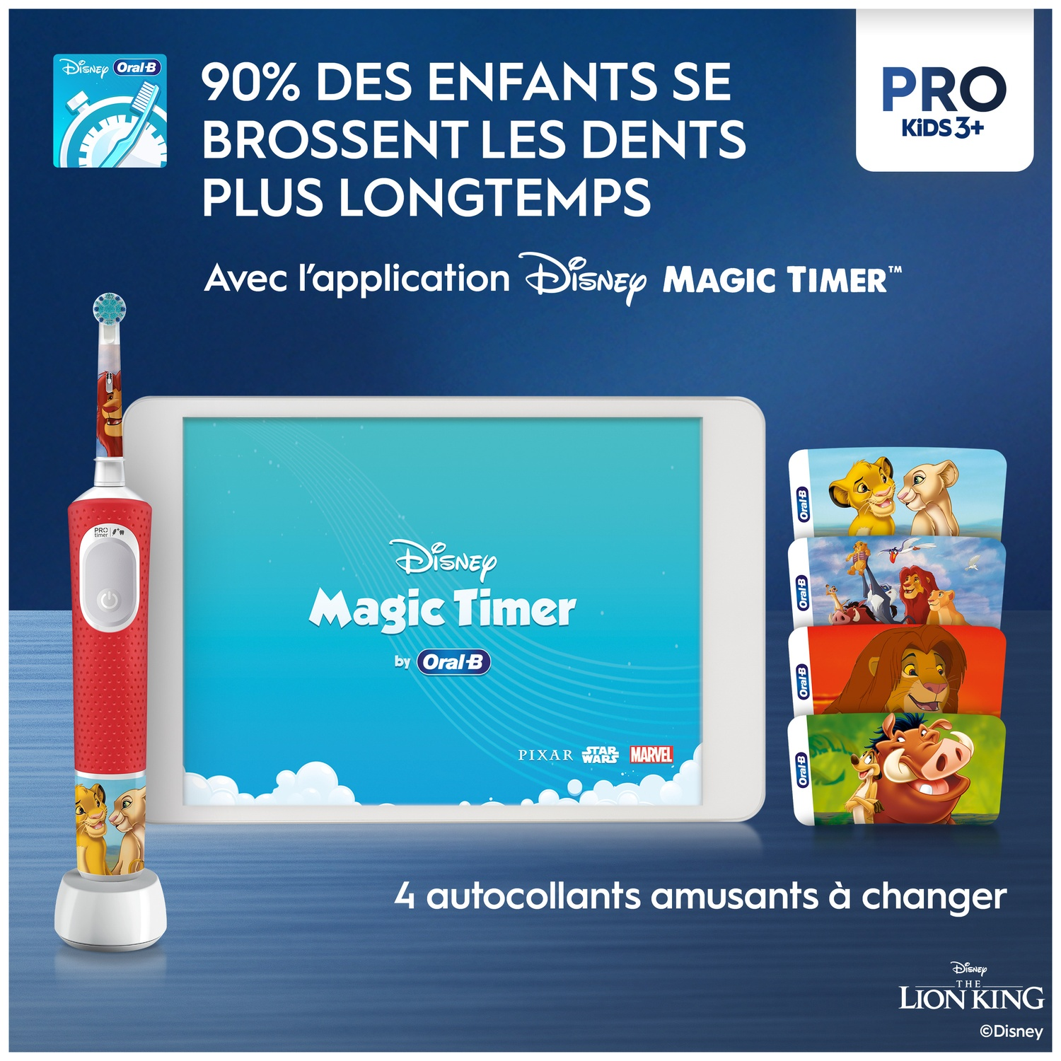 Brosse à dents électrique Oral-B Pro Kids avec design Le Roi Lion et tablette avec application.