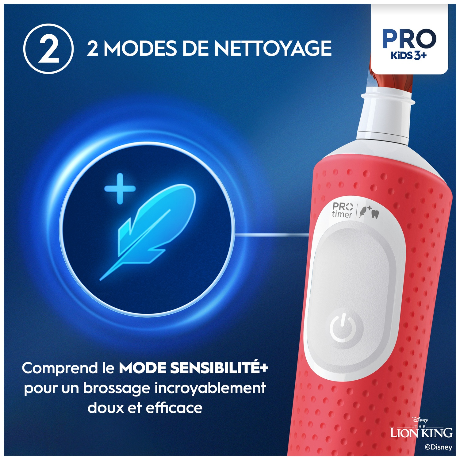 Brosse à dents électrique rouge pour enfants avec deux modes de nettoyage et mode sensible.