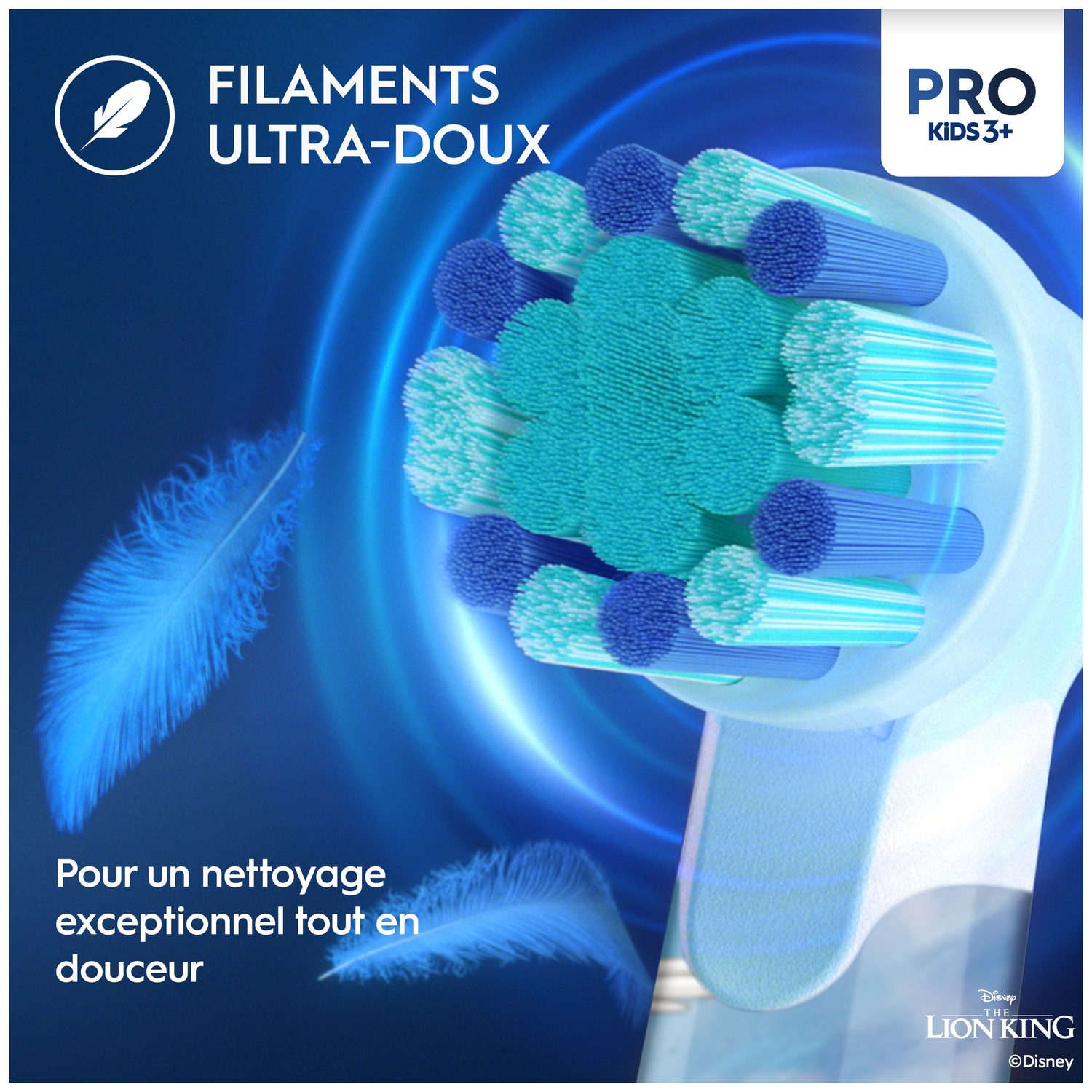Brosse à dents électrique bleue avec poils ultra-douces sur fond bleu avec plumes.