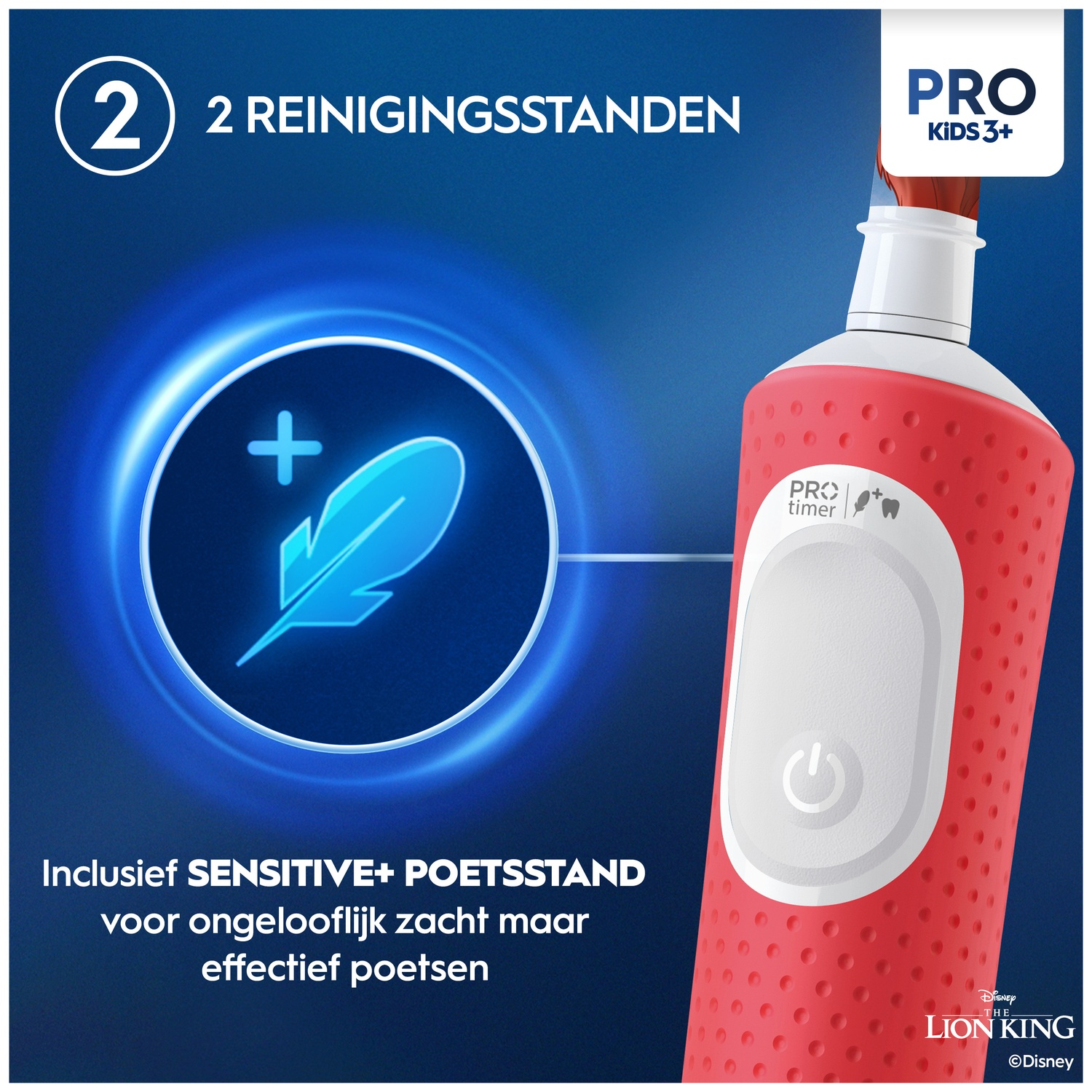 Red kids toothbrush with sensitive mode and feather icon against a blue background.