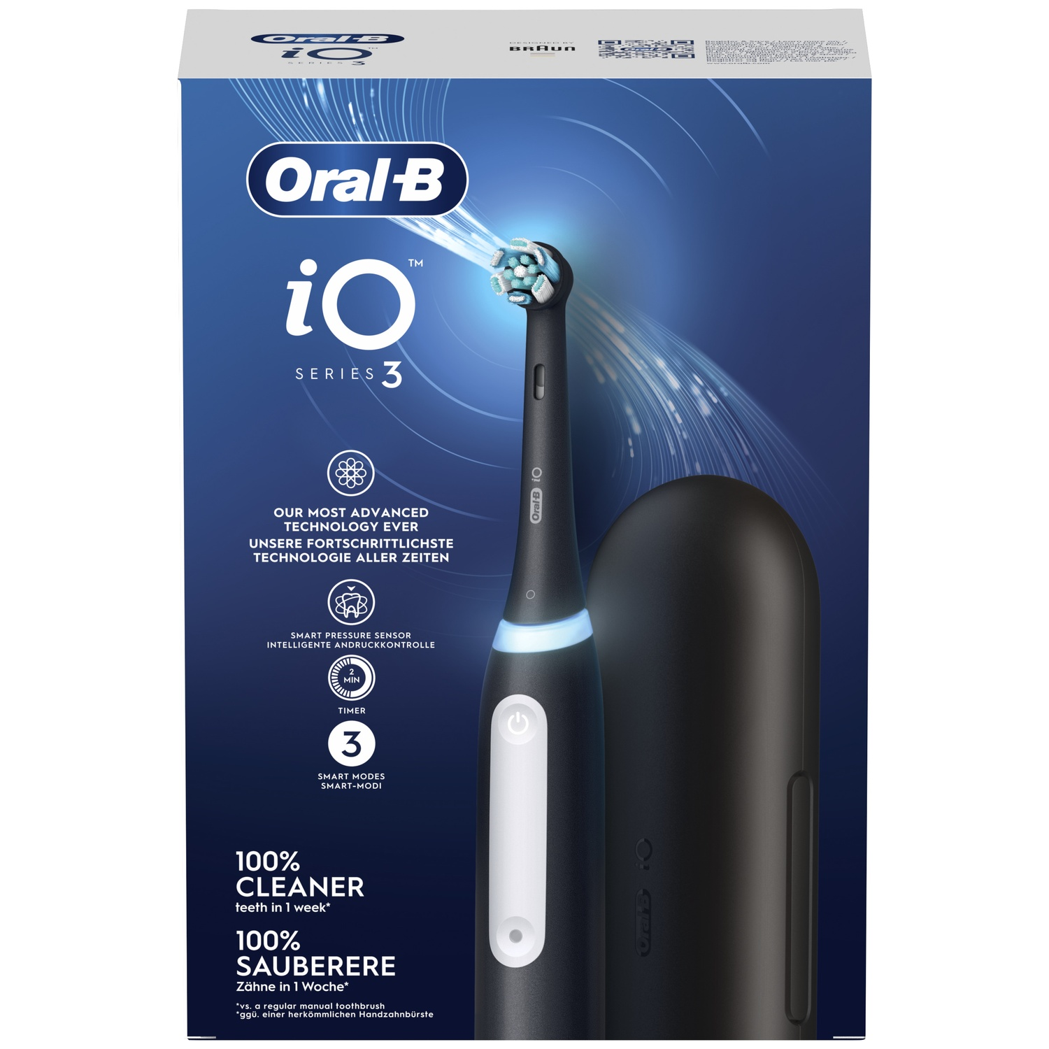 Packaging for the black Oral-B iO Series 3 electric toothbrush with travel case against a blue background.