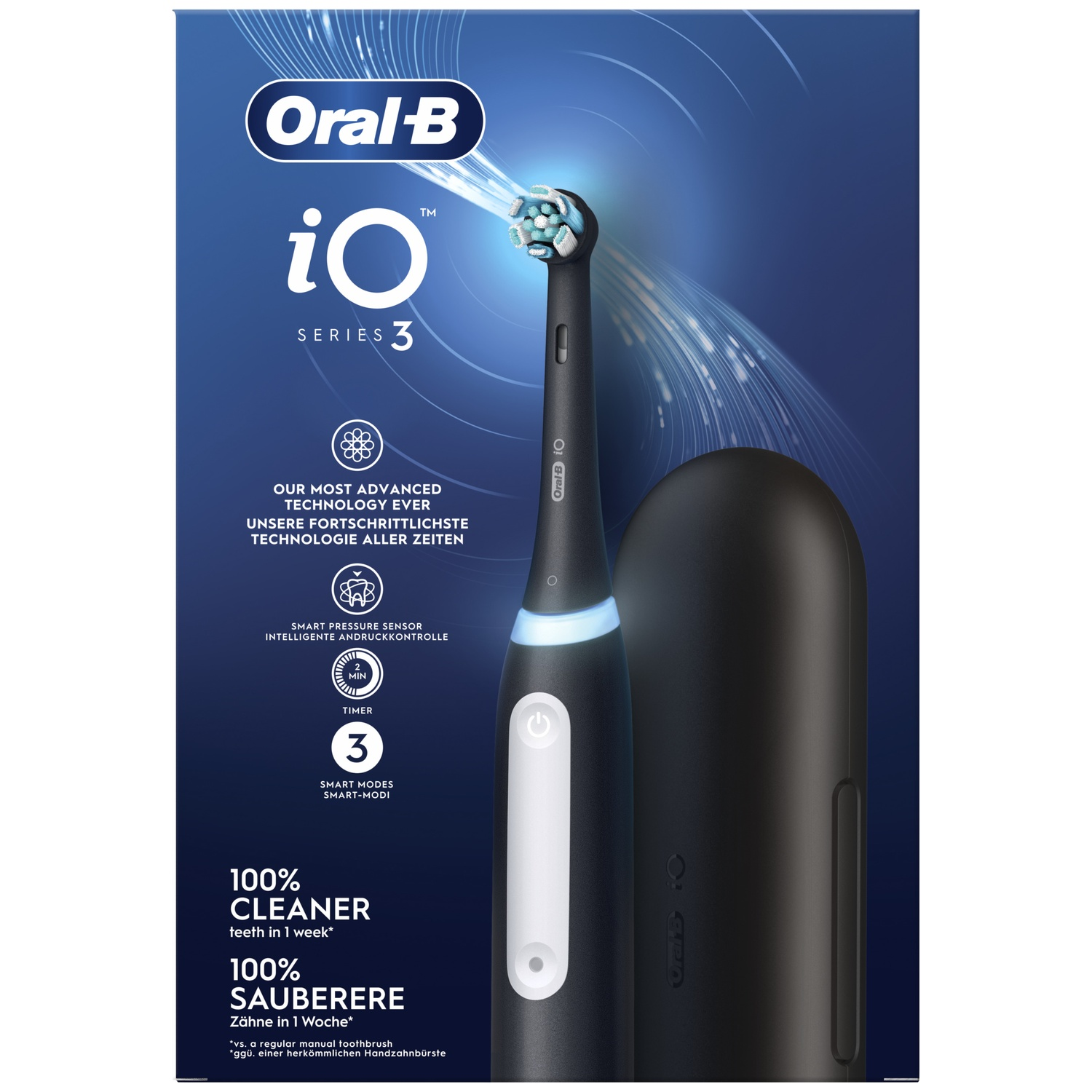 Blue product box of the Oral-B iO Series 3 electric toothbrush with a black handle and travel case.