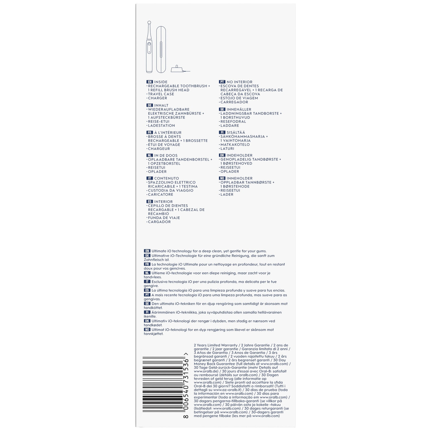 Product packaging with multilingual contents list and warranty information.