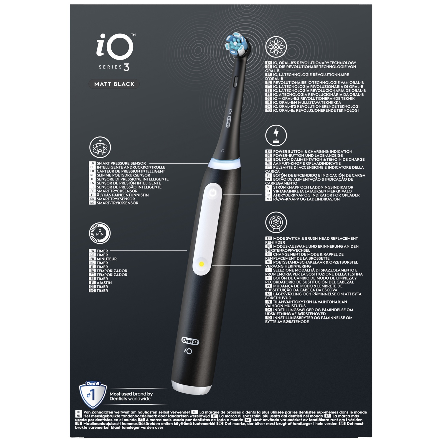 Black Oral-B iO Series 3 toothbrush with feature callouts on a dark background.