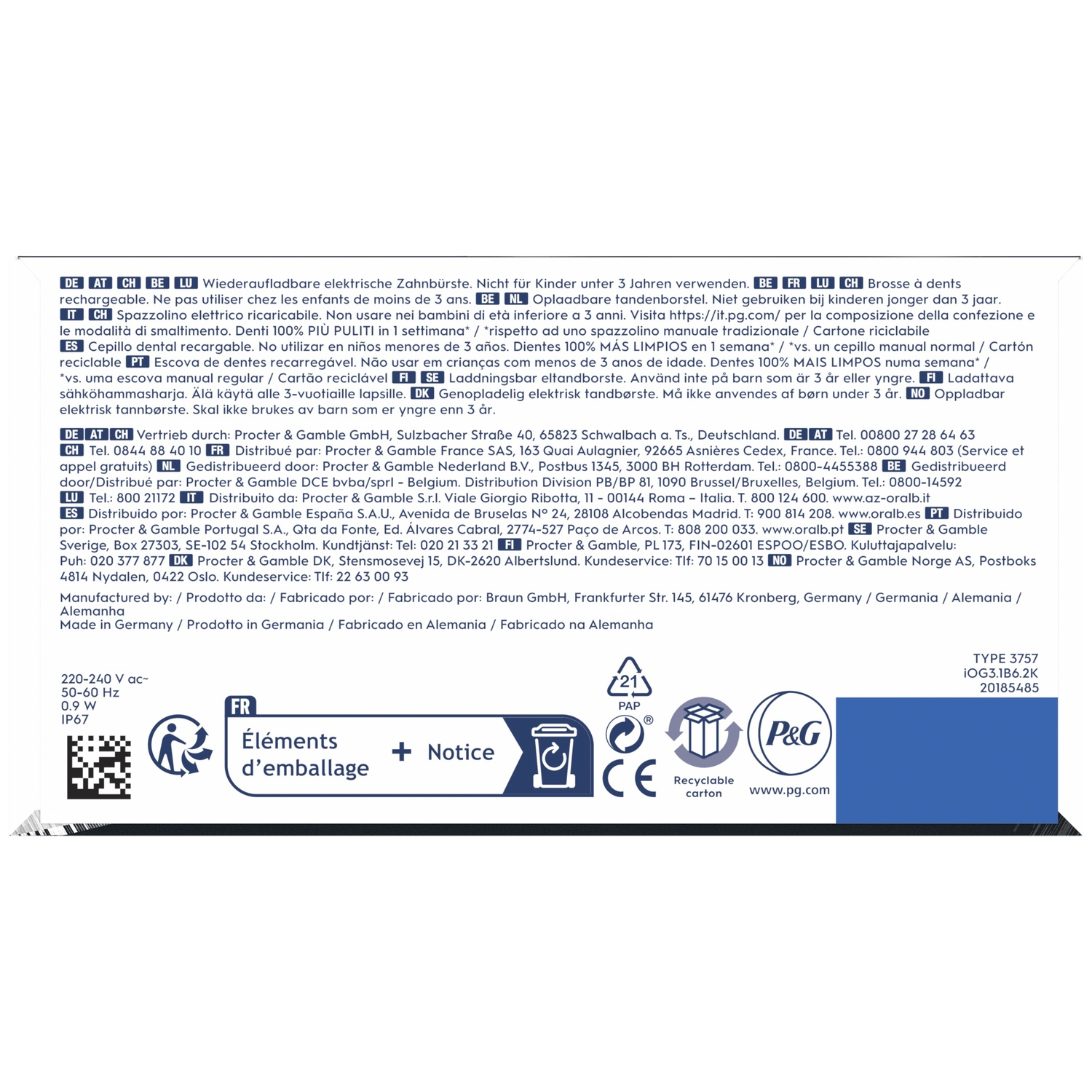 Back of a product packaging with text, manufacturer information, and recycling symbols.