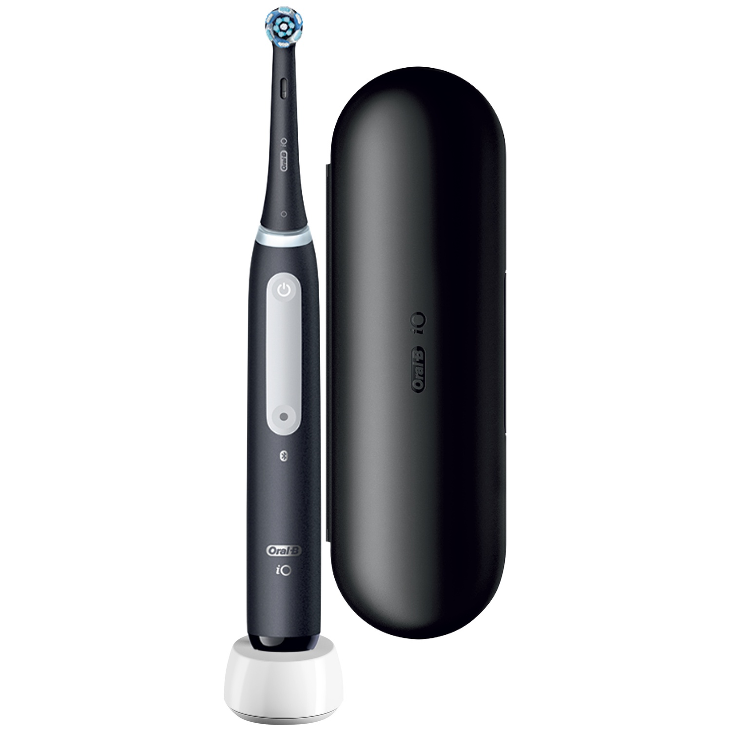 A black Oral-B electric toothbrush stands on a white charger beside its matching black travel case.
