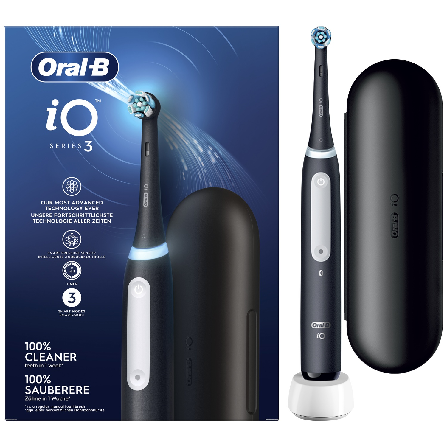 Oral-B iO Series 3 black electric toothbrush with charging base, travel case, and packaging box.