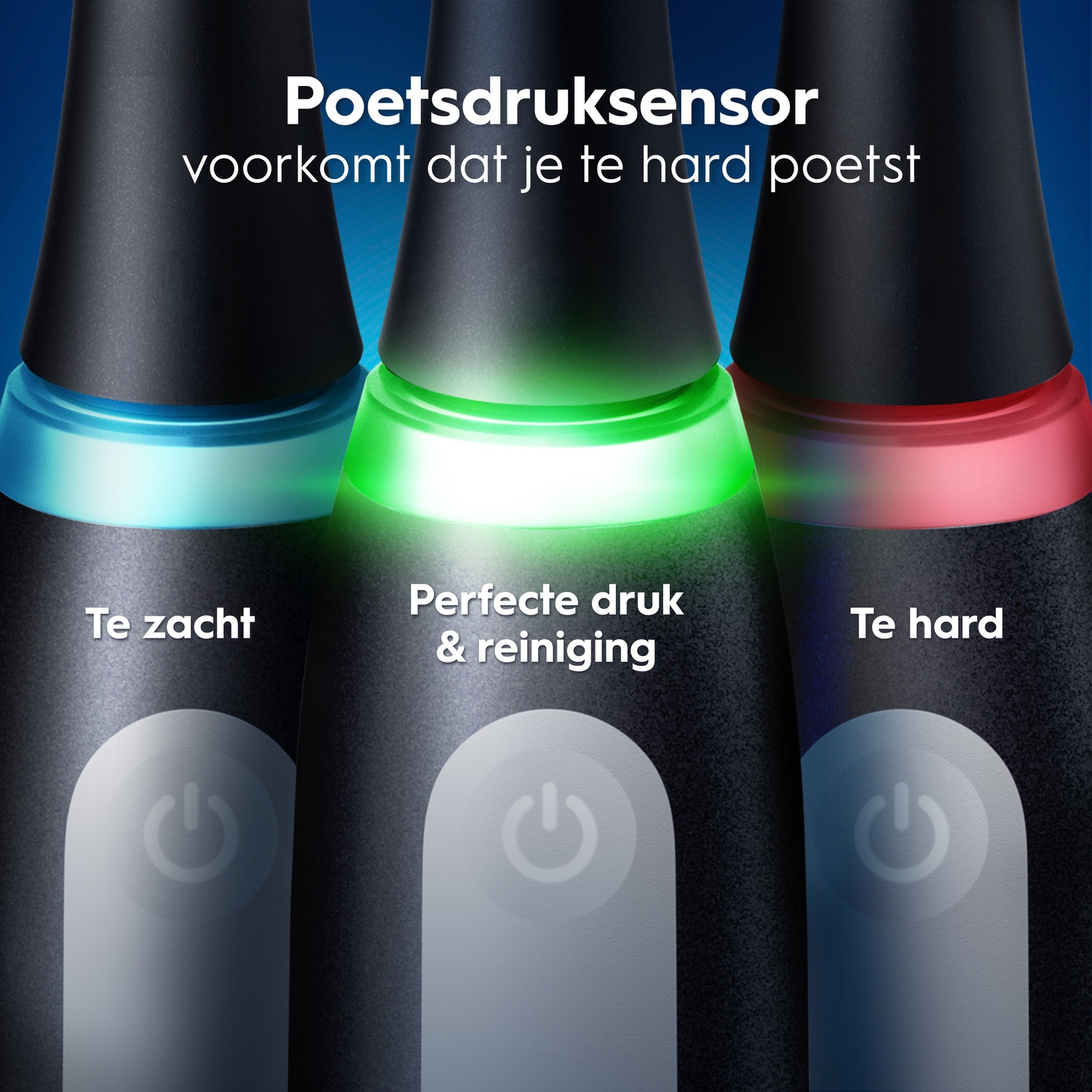Three electric toothbrushes showing pressure sensor lights: blue for too soft, green for optimal, red for too hard.