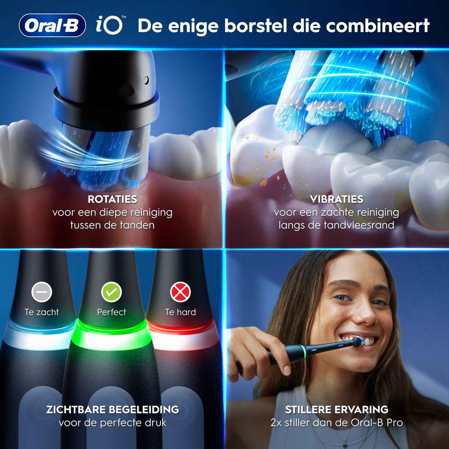 Oral-B iO toothbrush showing rotations, vibrations, pressure sensor, and a woman brushing her teeth.