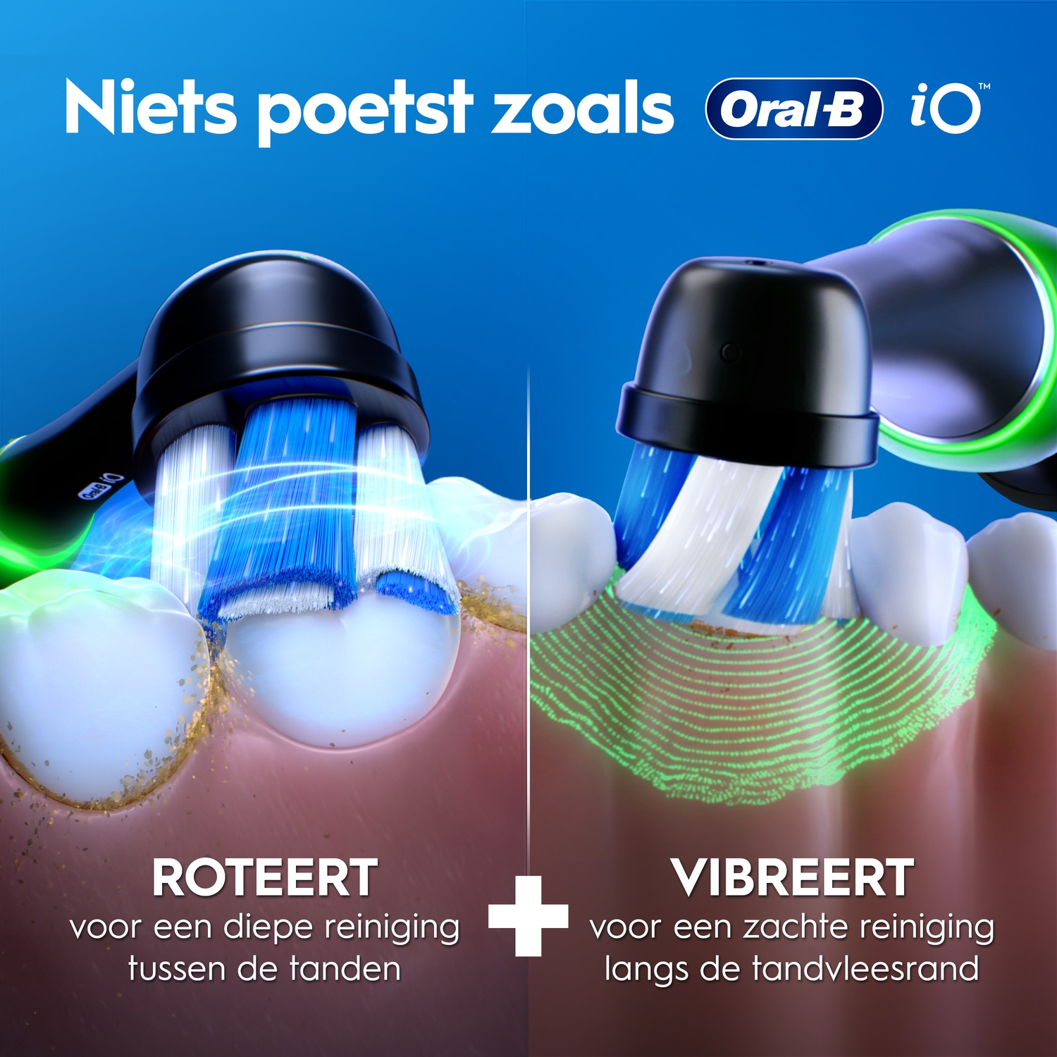 Oral-B iO toothbrush showing rotating and vibrating bristles on teeth.