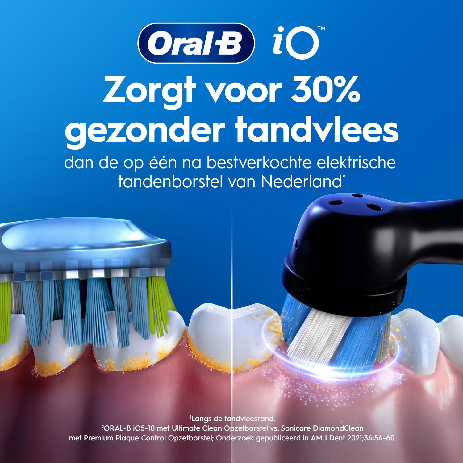 Oral-B iO ad comparing toothbrushes on teeth with text on blue background.