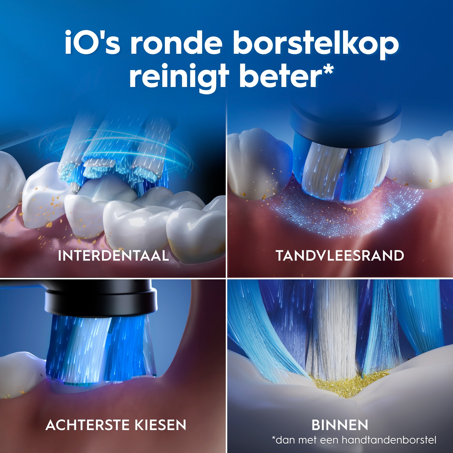 Four images show cleaning different tooth areas with an electric toothbrush.