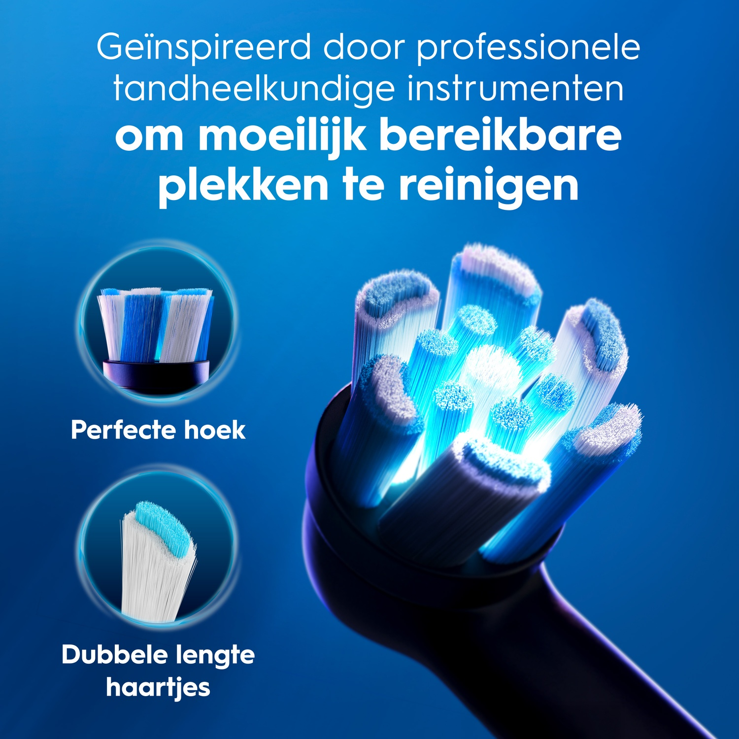 Blue toothbrush head with unique bristles for cleaning hard-to-reach areas.