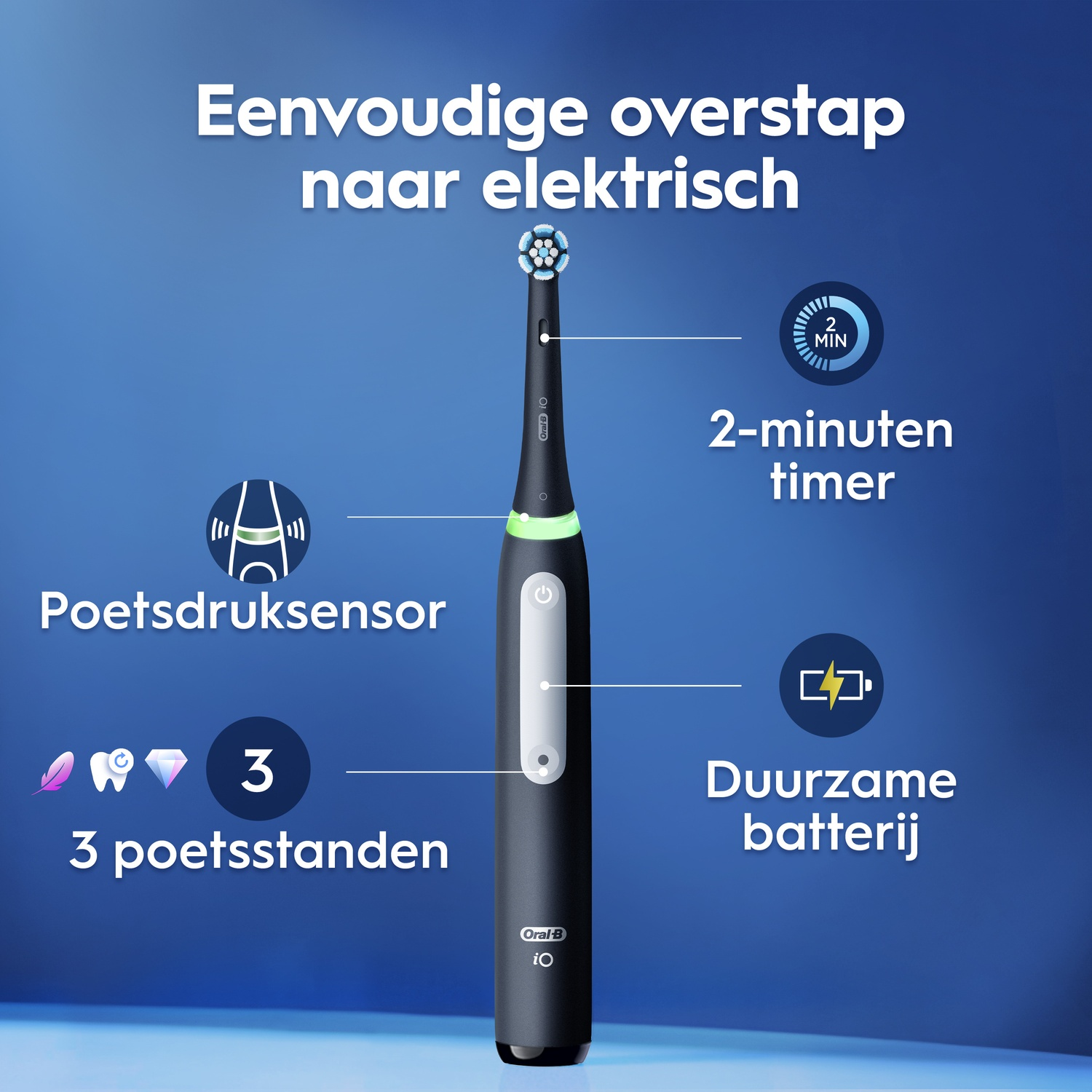 Black Oral-B electric toothbrush on a blue background highlighting its timer, pressure sensor, and 3 modes.