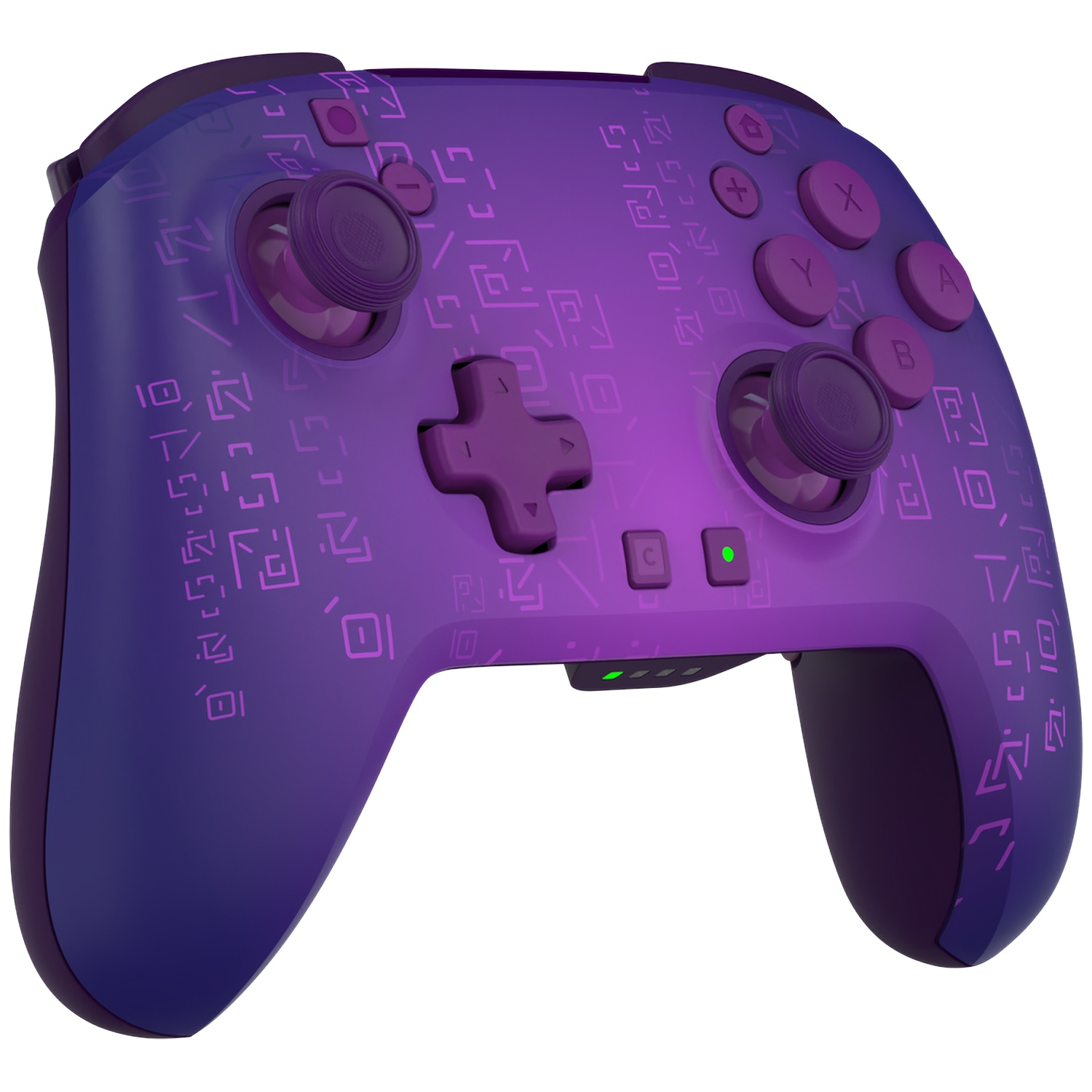 Manette de jeu violette avec symboles mystiques, deux joysticks, une croix directionnelle et des boutons.