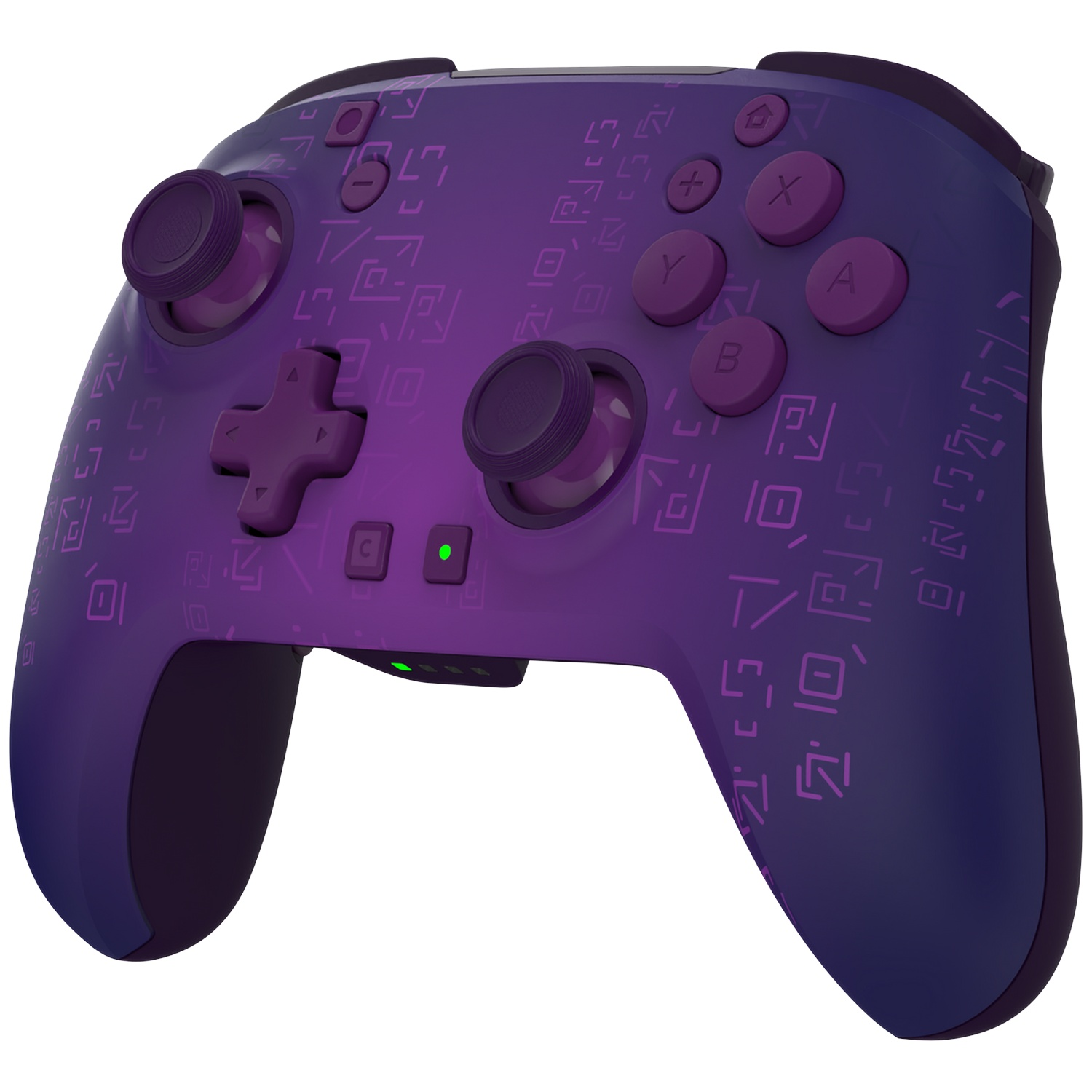 Manette de jeu violette avec des symboles, deux joysticks, une croix directionnelle et des boutons.