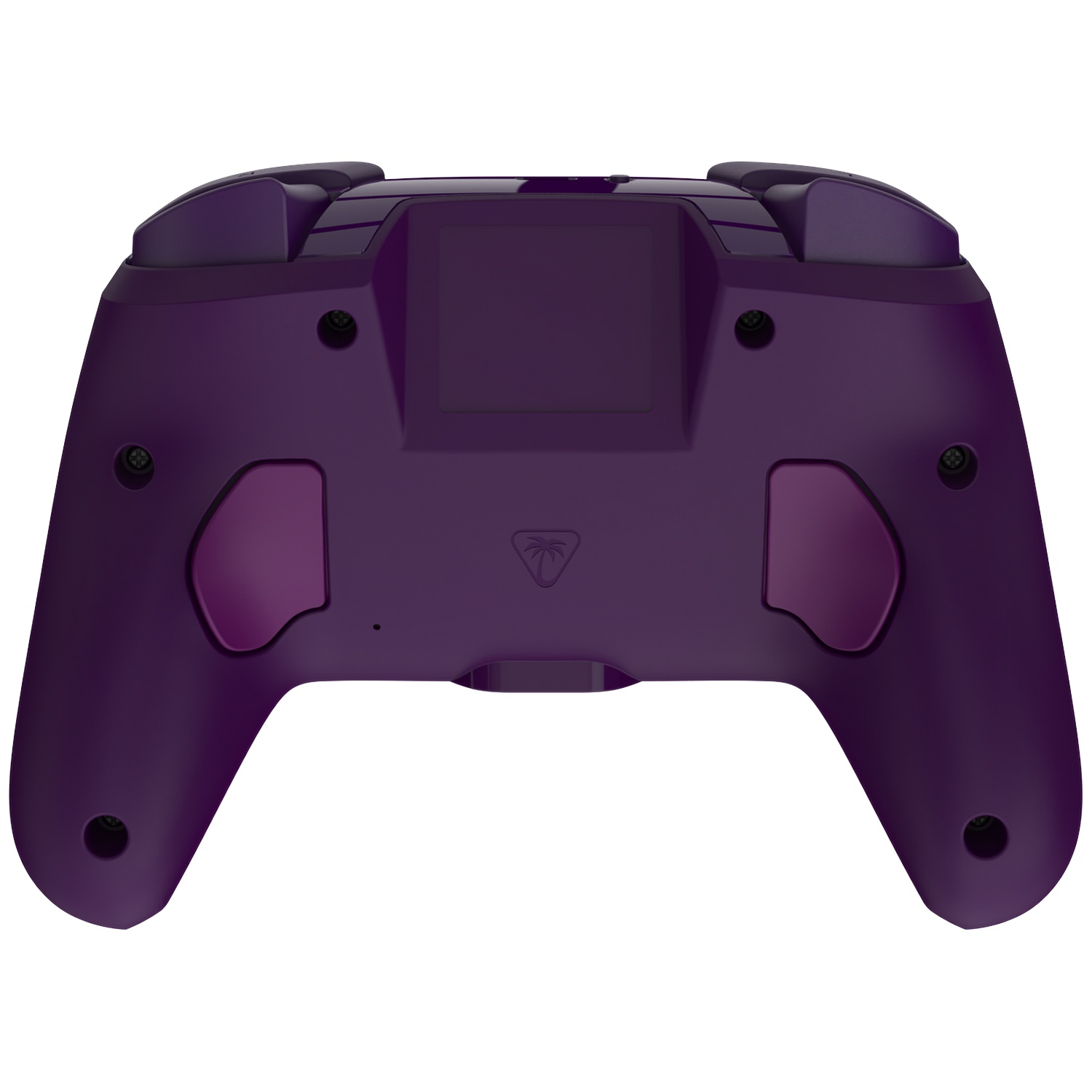 Vue arrière d'une manette de jeu vidéo violette avec deux palettes arrière, un écran central et un logo de palmier.