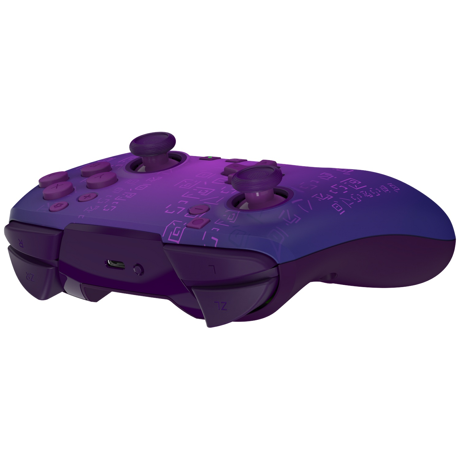 Une manette de jeu vidéo violette avec des symboles, deux joysticks et des gâchettes sur fond blanc.