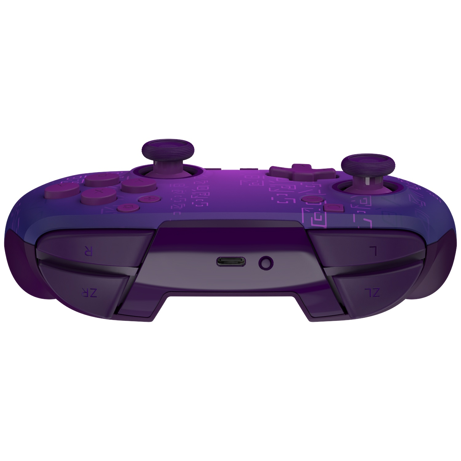 Une manette de jeu sans fil violette avec des motifs, deux joysticks analogiques et des boutons arrière.