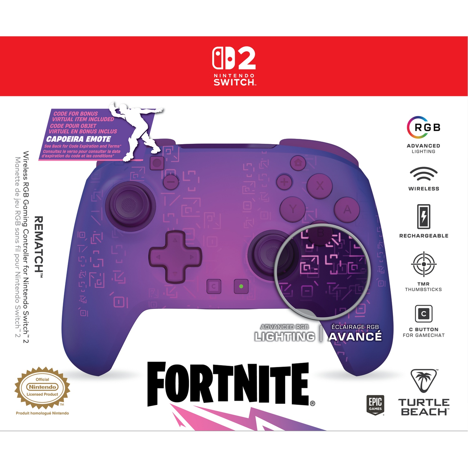 Manette violette Fortnite pour Nintendo Switch 2 avec éclairage RGB.