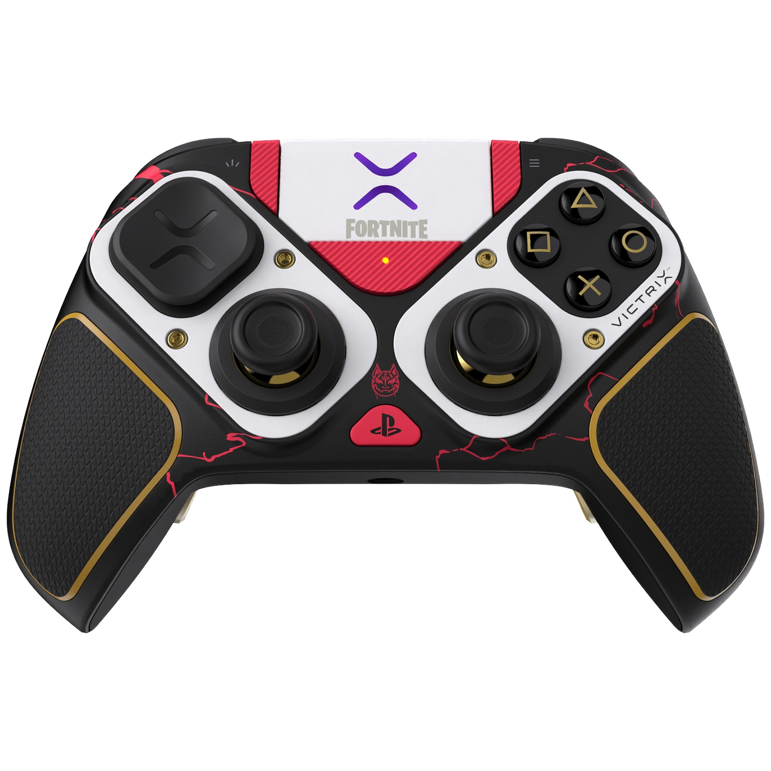 Manette Fortnite noire et blanche avec des touches rouges et dorées, des joysticks et un bouton PlayStation.