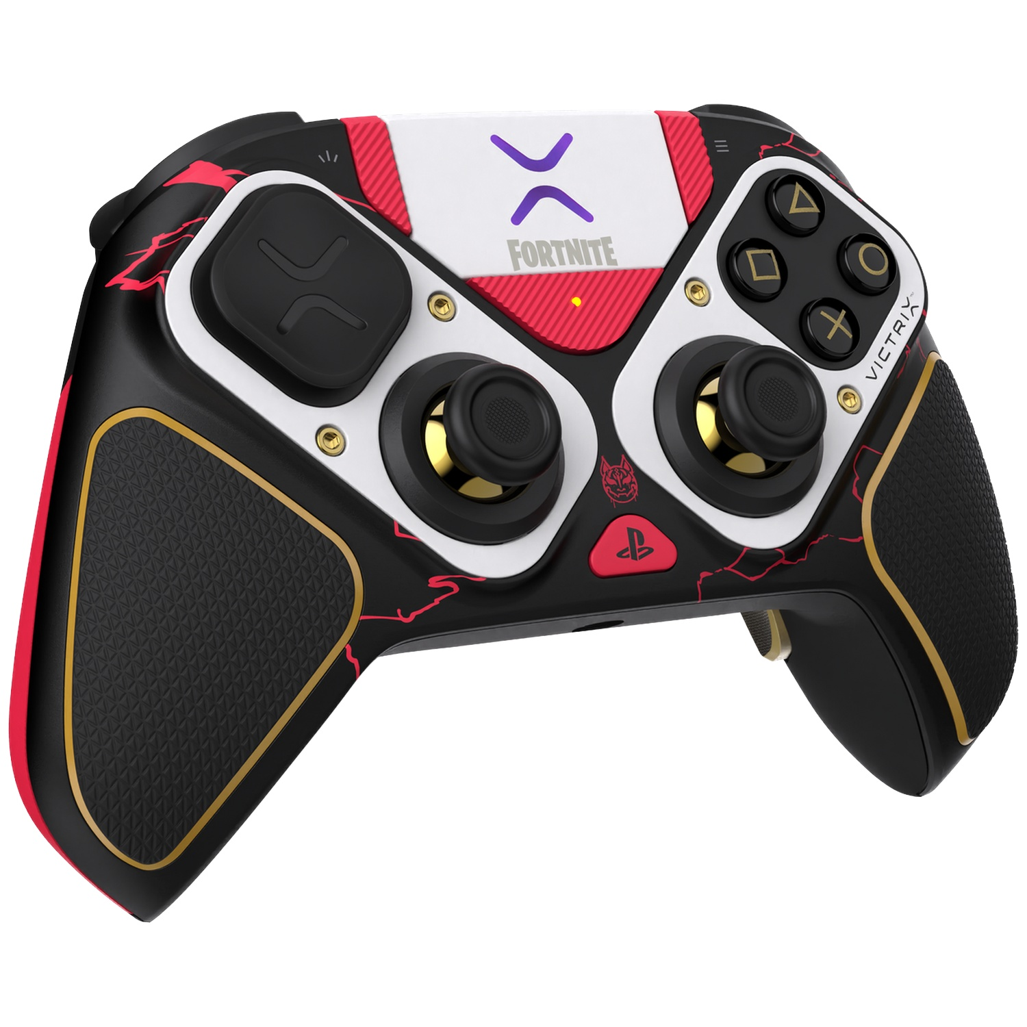 Une manette de jeu Fortnite noire et blanche avec des accents rouges et dorés et des bases de joystick dorées.