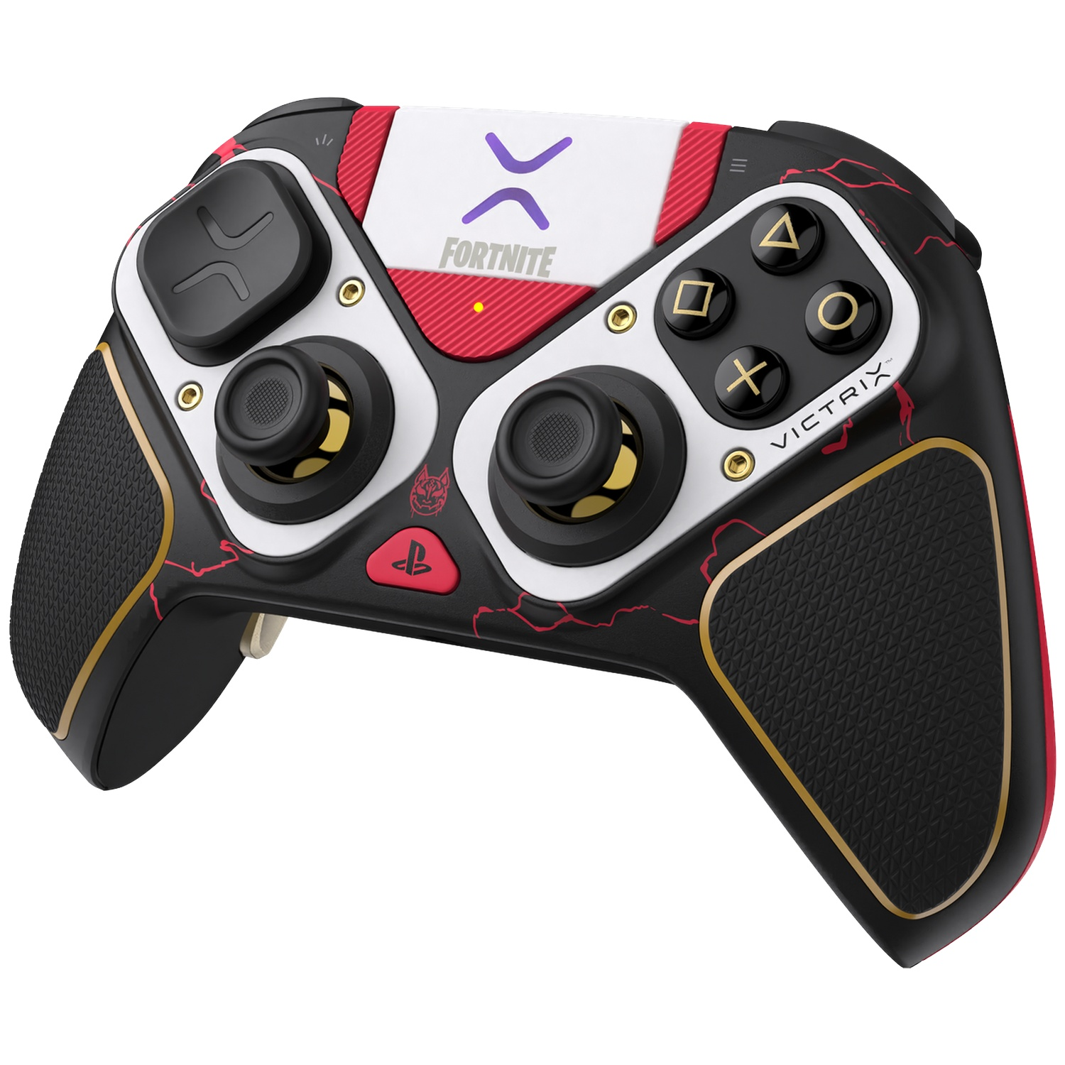 Une manette PlayStation Victrix Fortnite noire et blanche avec des touches rouges et dorées.