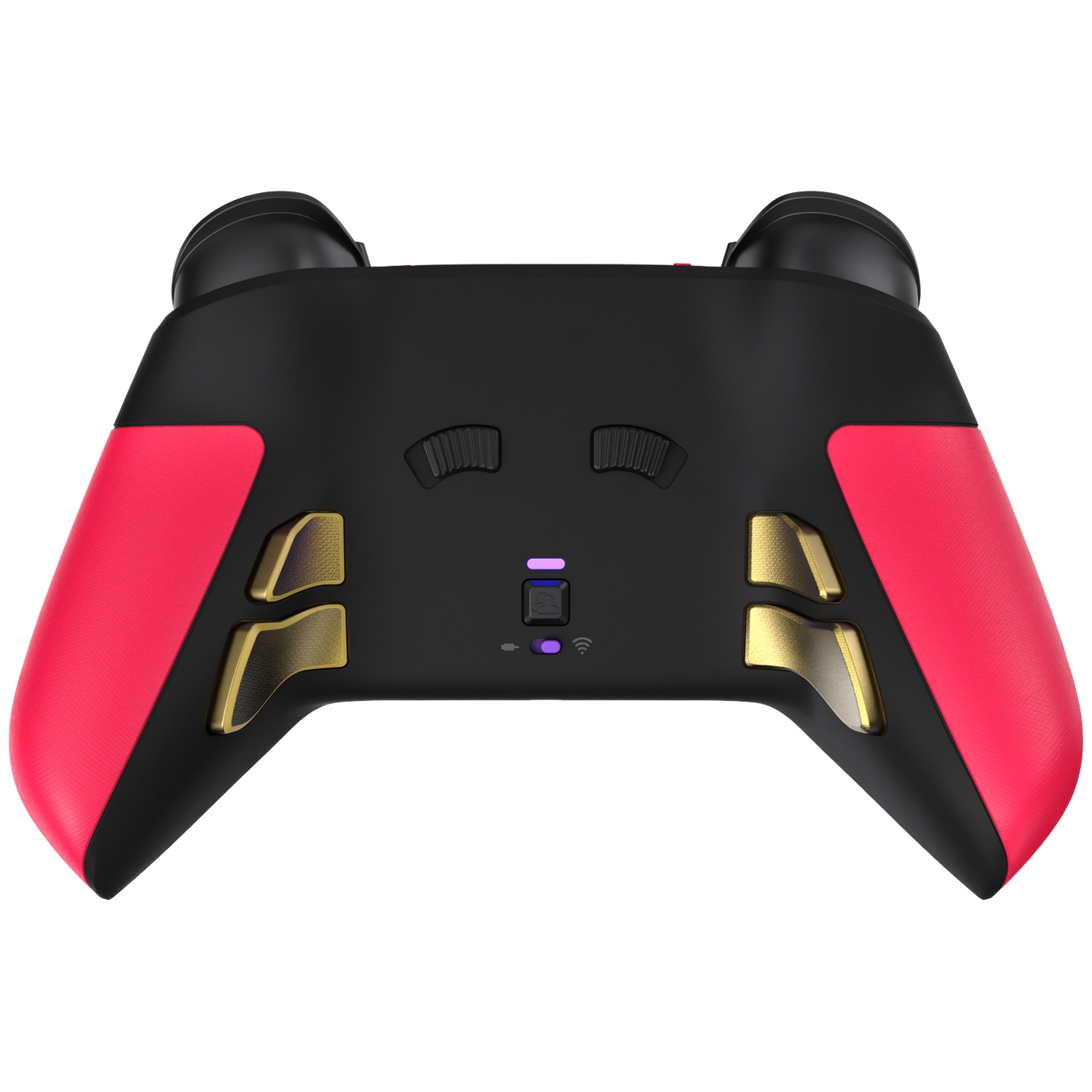 Manette de jeu noire avec poignées roses et palettes arrière dorées sur fond blanc.