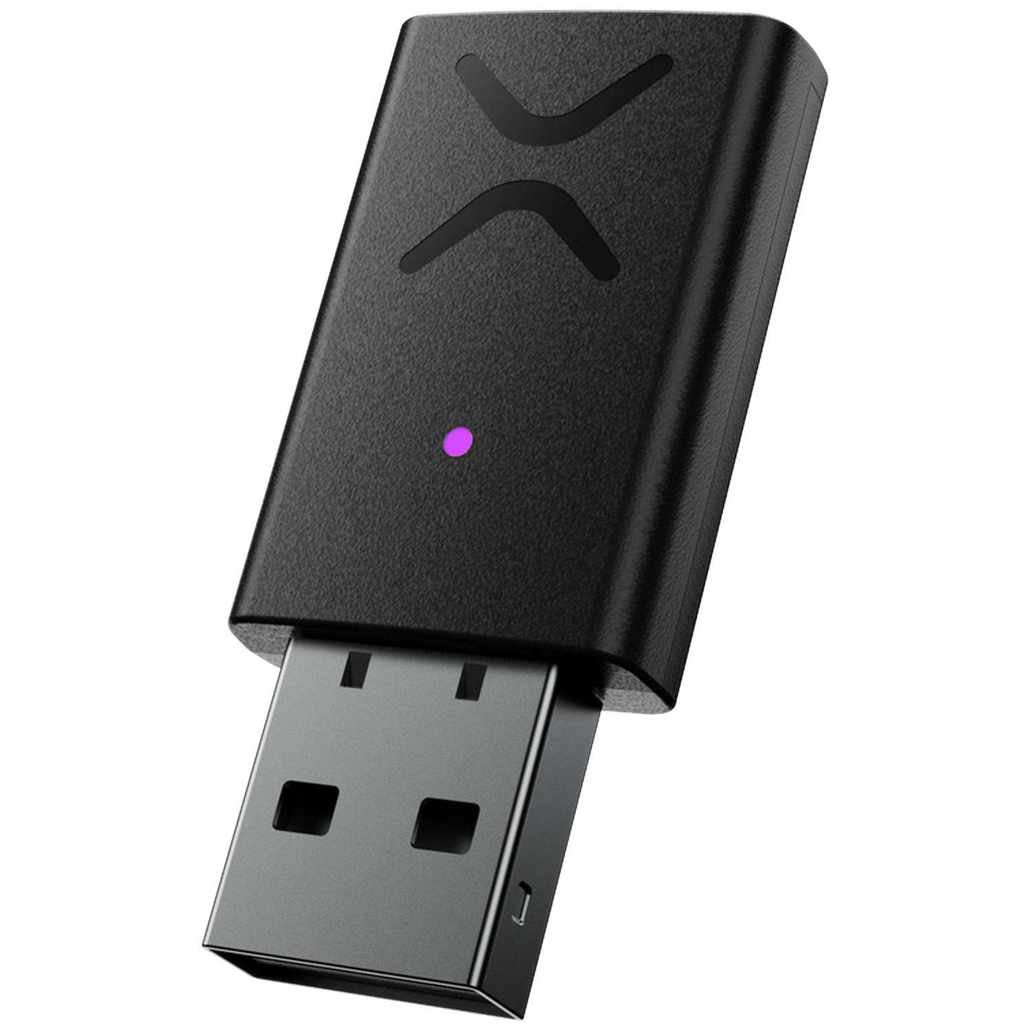 Récepteur USB noir avec un logo X et une LED violette lumineuse sur fond blanc.