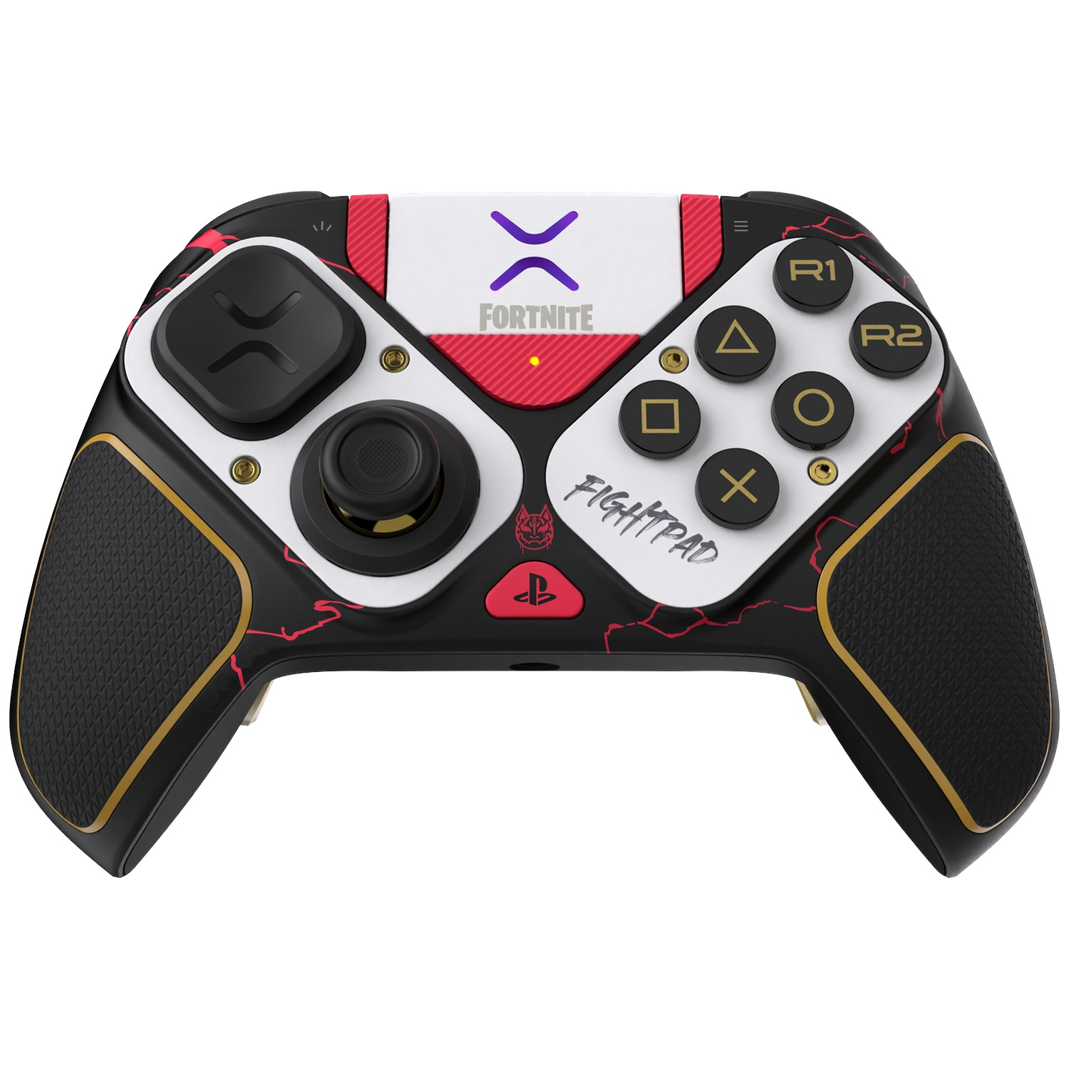 Une manette Fortnite Fightpad noire et blanche avec des accents rouges et dorés, logo et symboles PlayStation.