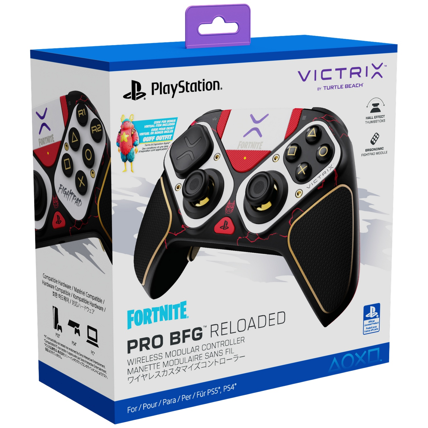 Emballage du manette modulaire sans fil Fortnite Pro Bfg Reloaded en noir, blanc et rouge.