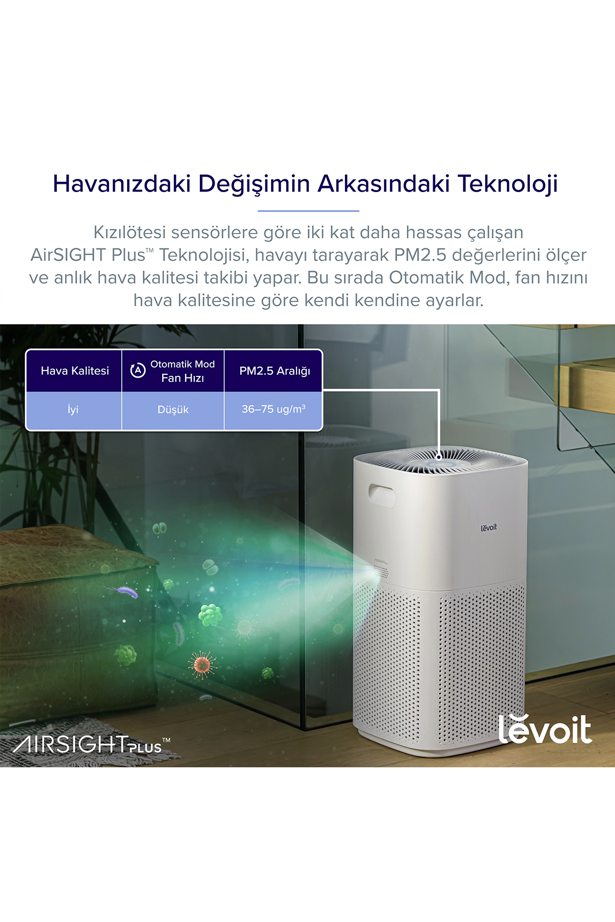 Beyaz bir Levoit hava temizleyici, parlayan parçacıklarla hava kalitesi sensör teknolojisini gösterir.