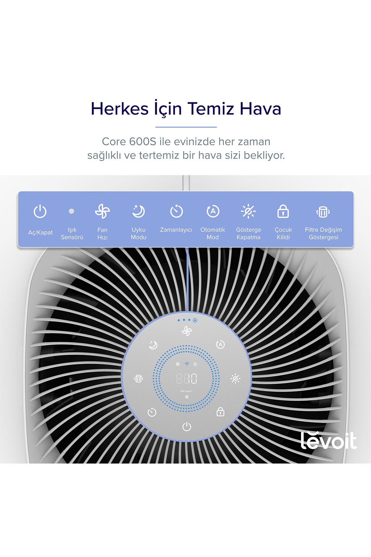 Dairesel dijital ekrana, fan ızgarasına ve kontrol paneline sahip Levoit hava temizleyicinin üstten görünümü.