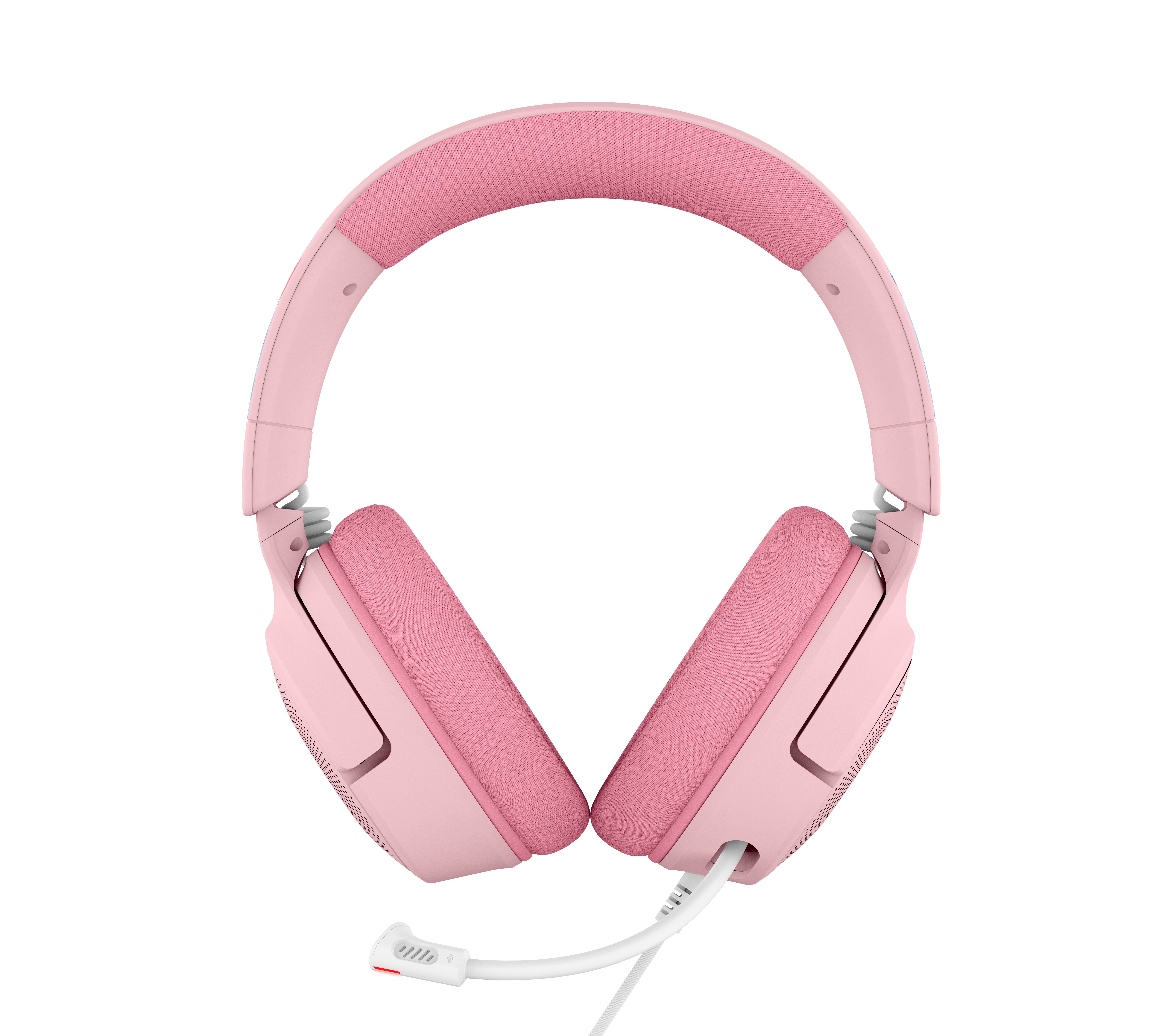 Rosa Gaming-Headset mit gepolstertem Bügel, Ohrpolstern und weißem Bügelmikrofon auf weißem Hintergrund.