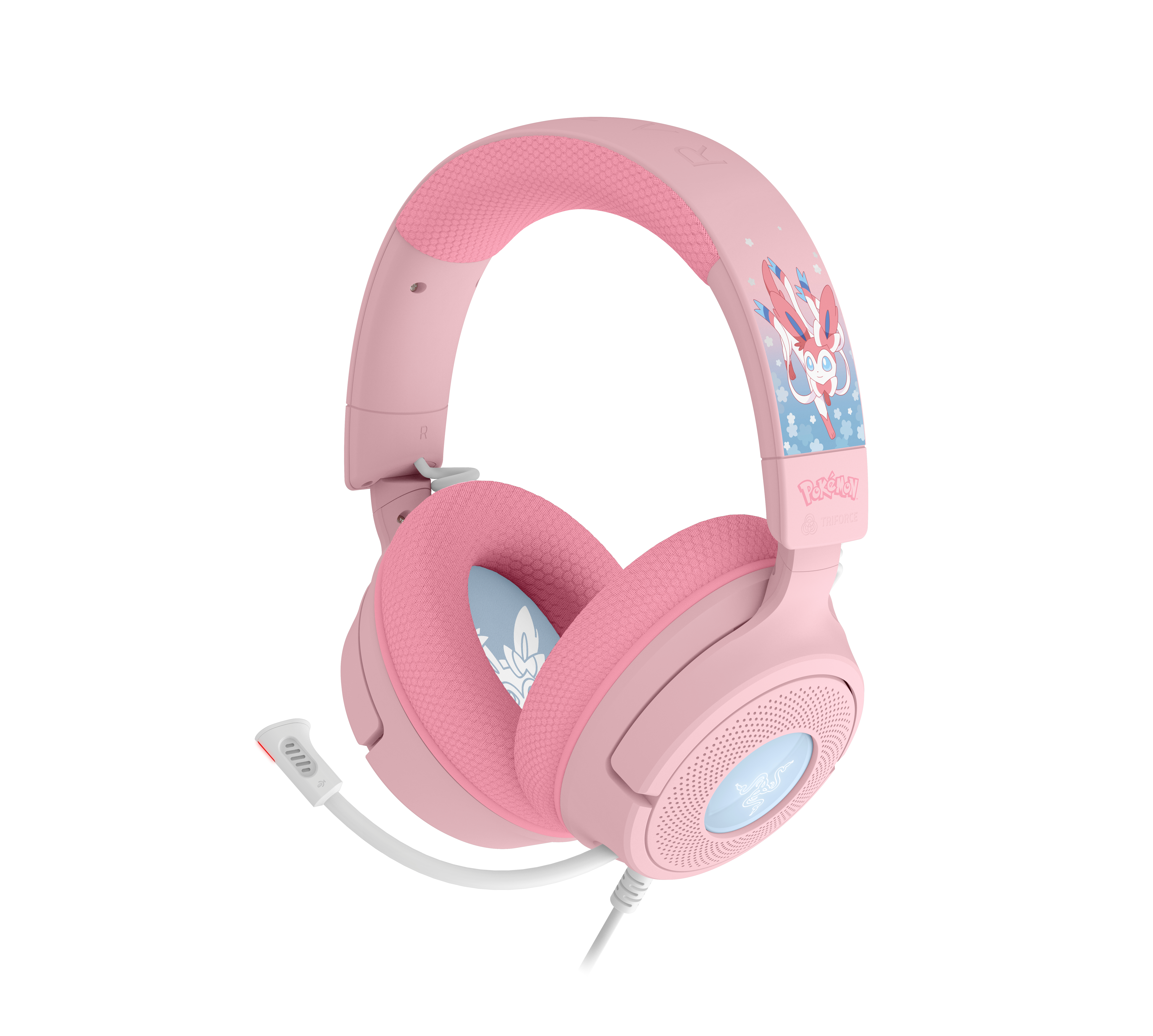 Rosa Gaming-Kopfhörer mit Pokémon-Sylveon-Motiv, Mikrofon und weißem Kabel auf weißem Hintergrund.