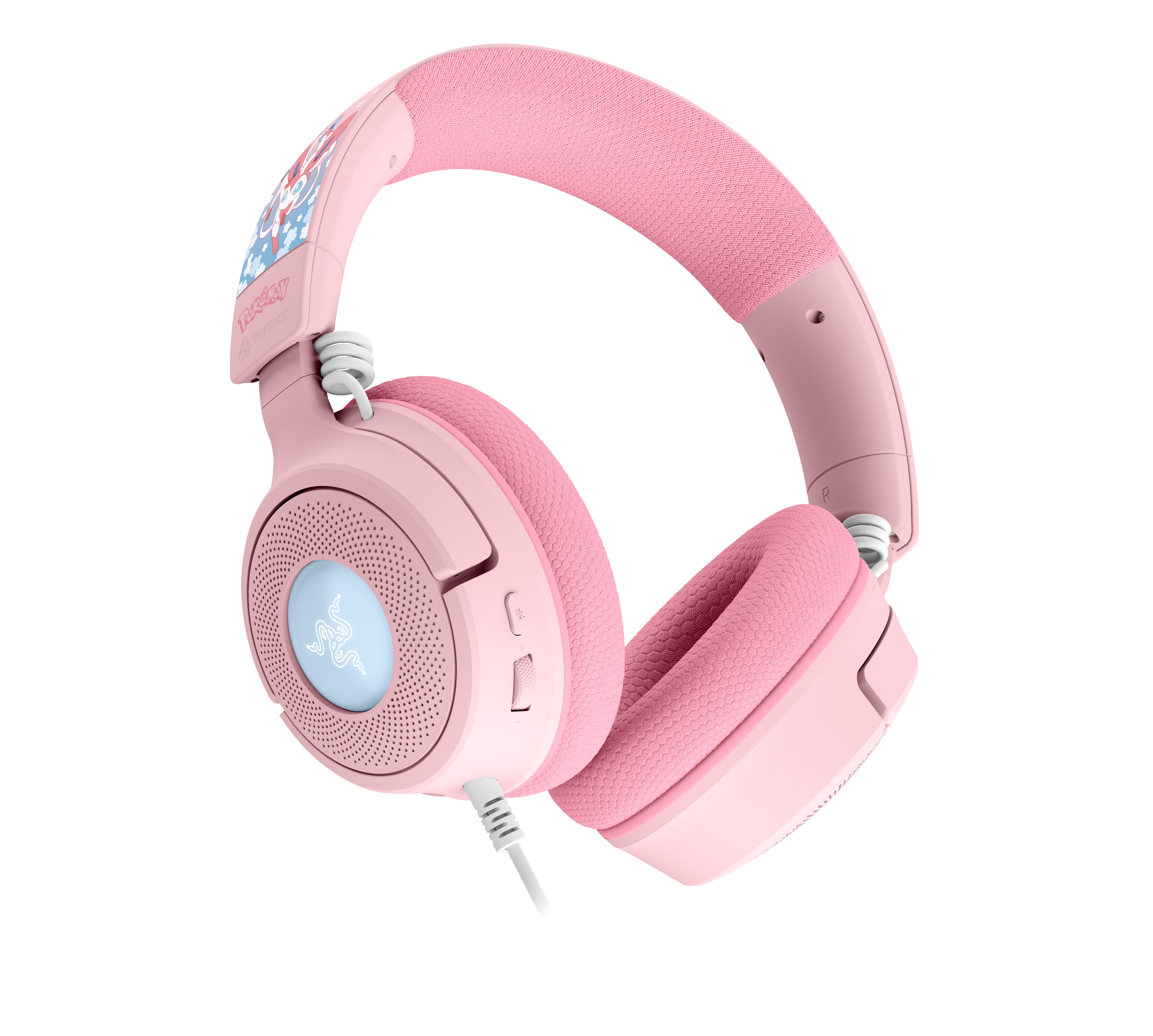 Rosa Gaming-Kopfhörer mit weißem Kabel und blauem Logo auf der Ohrmuschel auf weißem Hintergrund.