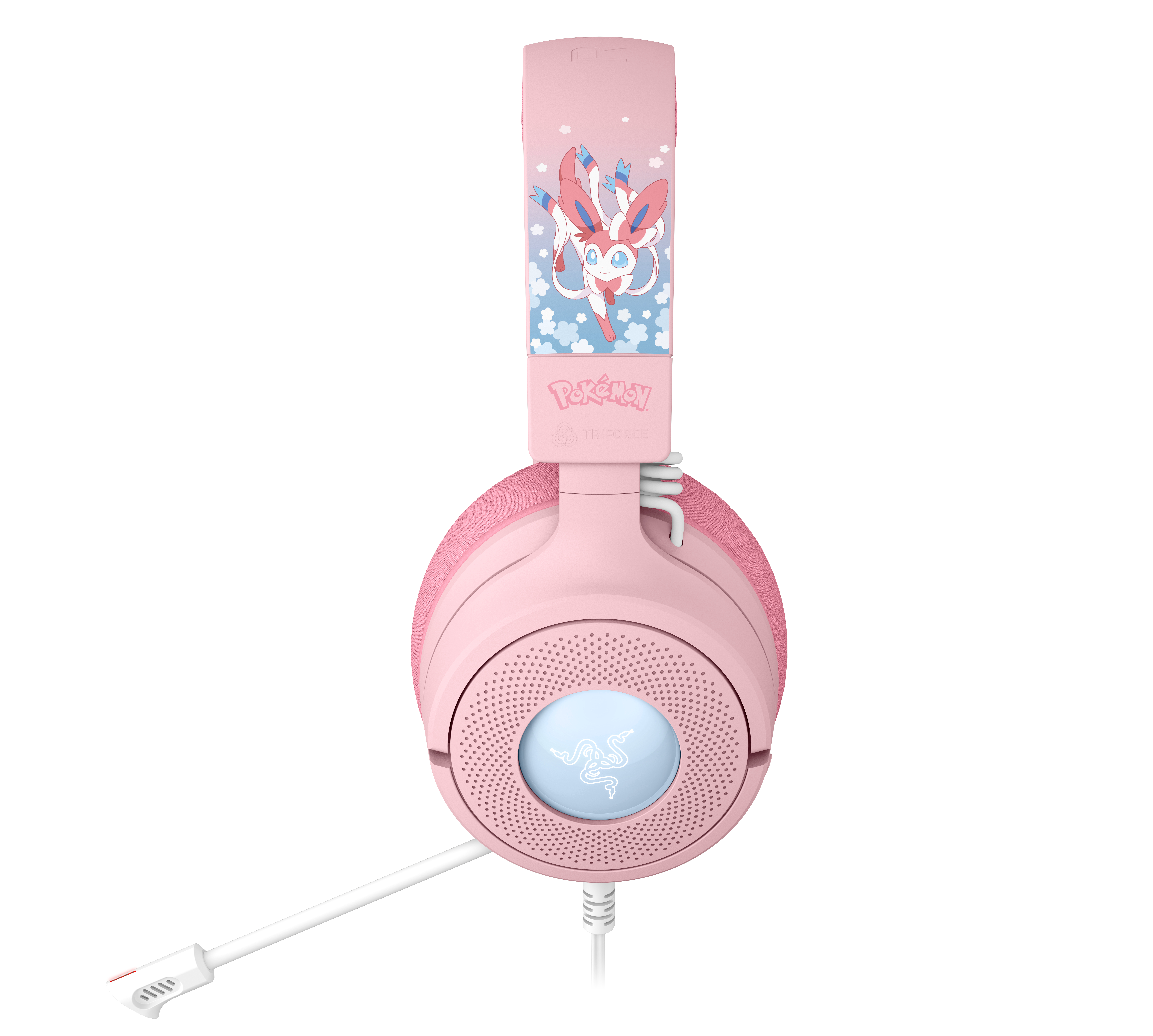 Rosa Gaming-Headset mit Pokémon Sylveon-Design und einem weißen Mikrofon vor weißem Hintergrund.