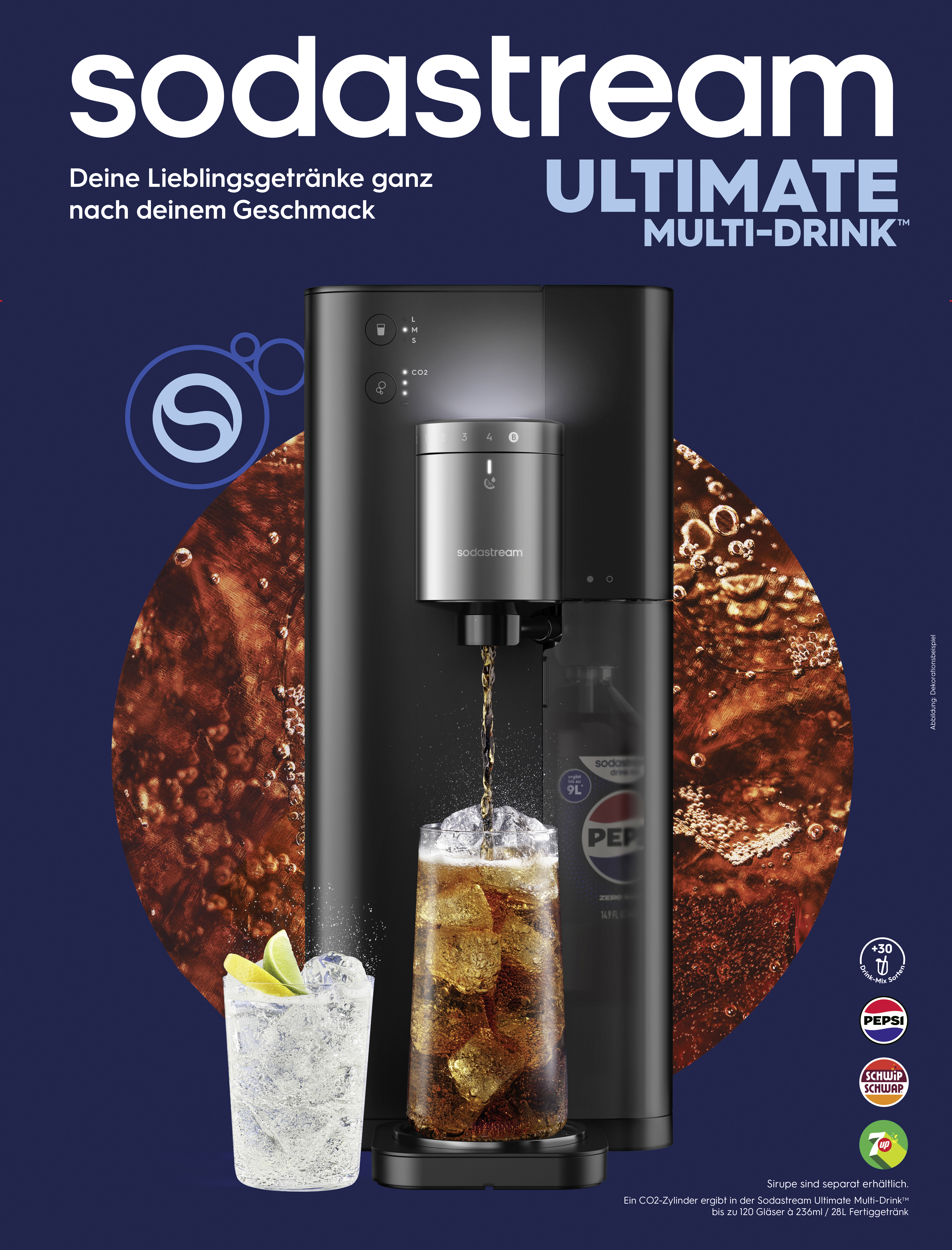 Sodastream Ultimate Multi-Drink Maschine gießt ein Getränk in ein mit Eis gefülltes Glas.