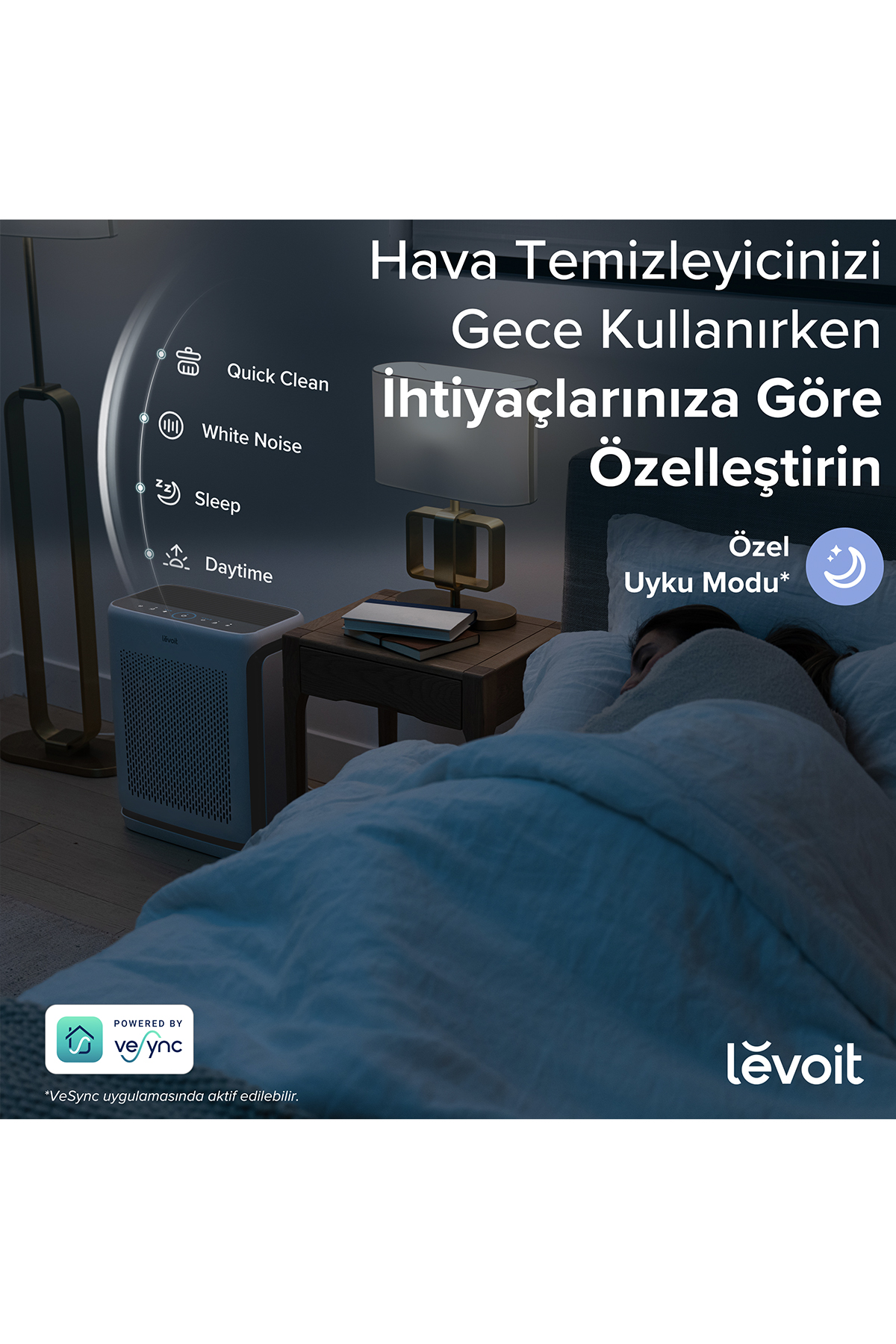 Yatak odasında yatağın yanında aydınlatmalı menüye sahip hava temizleyici.