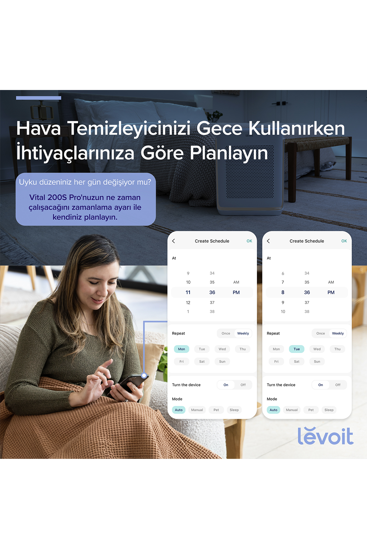 Bir kadın akıllı telefon uygulamasıyla hava temizleyicisini programlar.