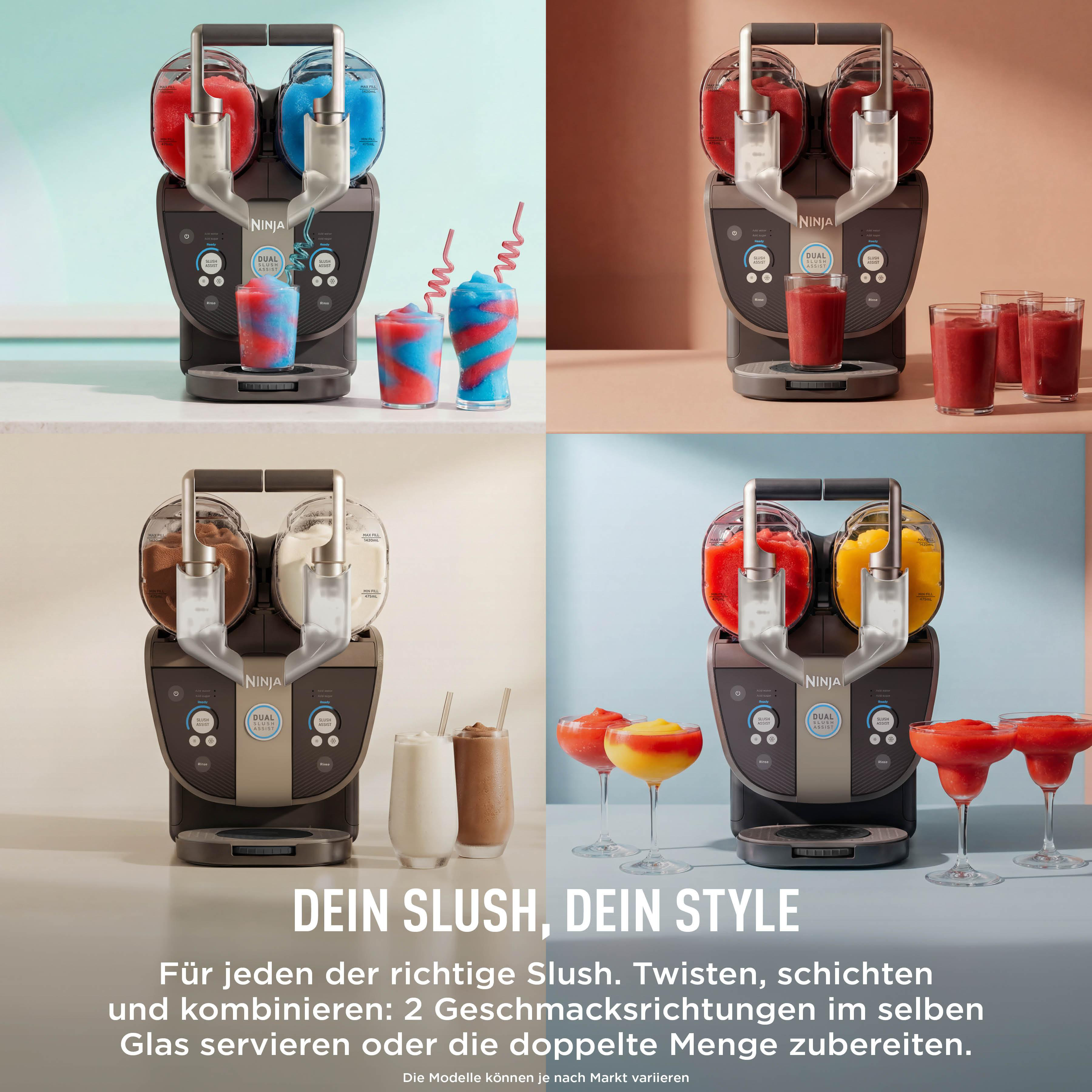 Ninja Slushi Maschine mit zwei Kammern zur Zubereitung verschiedener bunter Slush-Getränke in Gläsern.