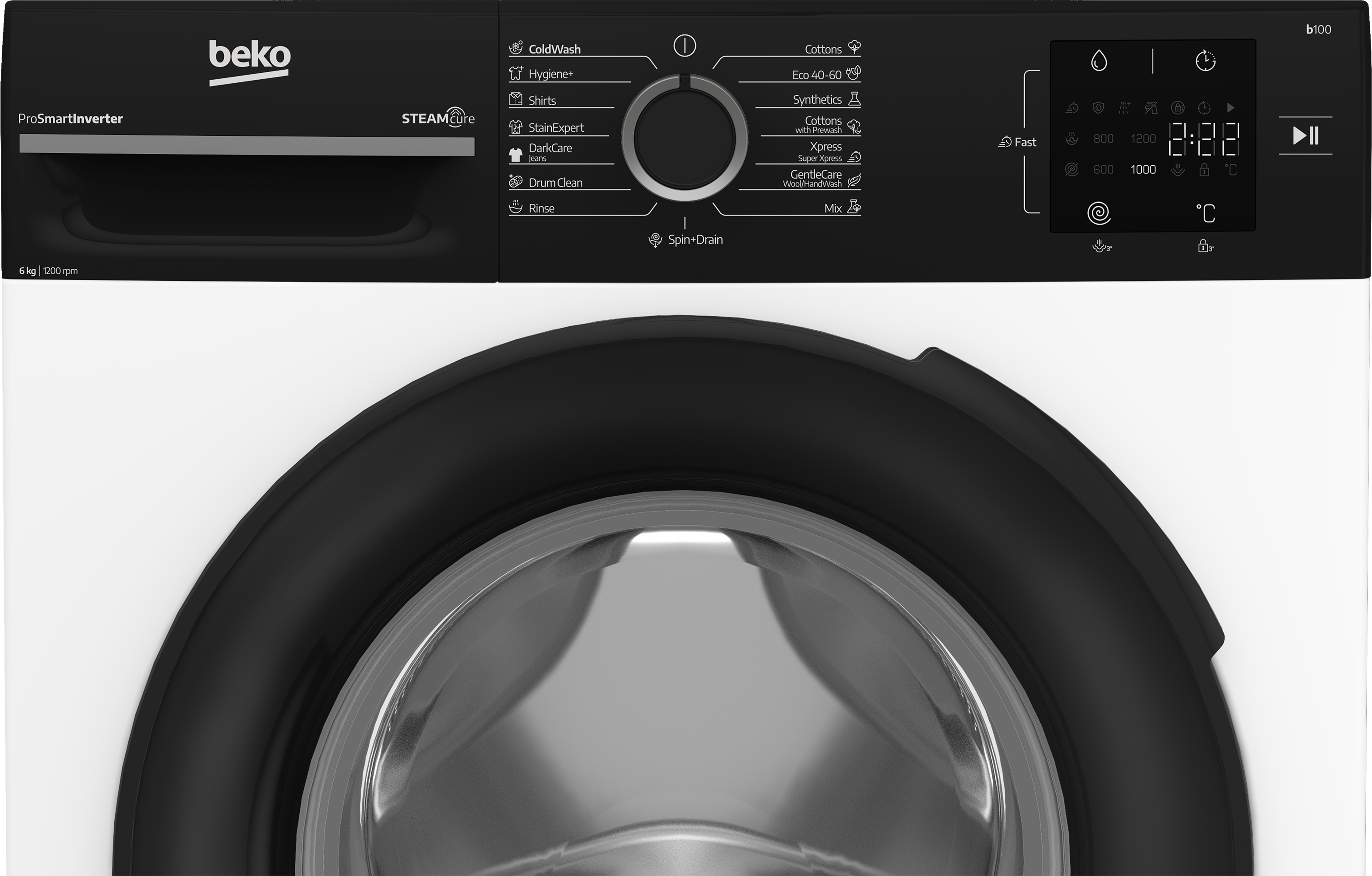 Beko mosógép fekete vezérlőpanellel, forgatógombbal és digitális kijelzővel.