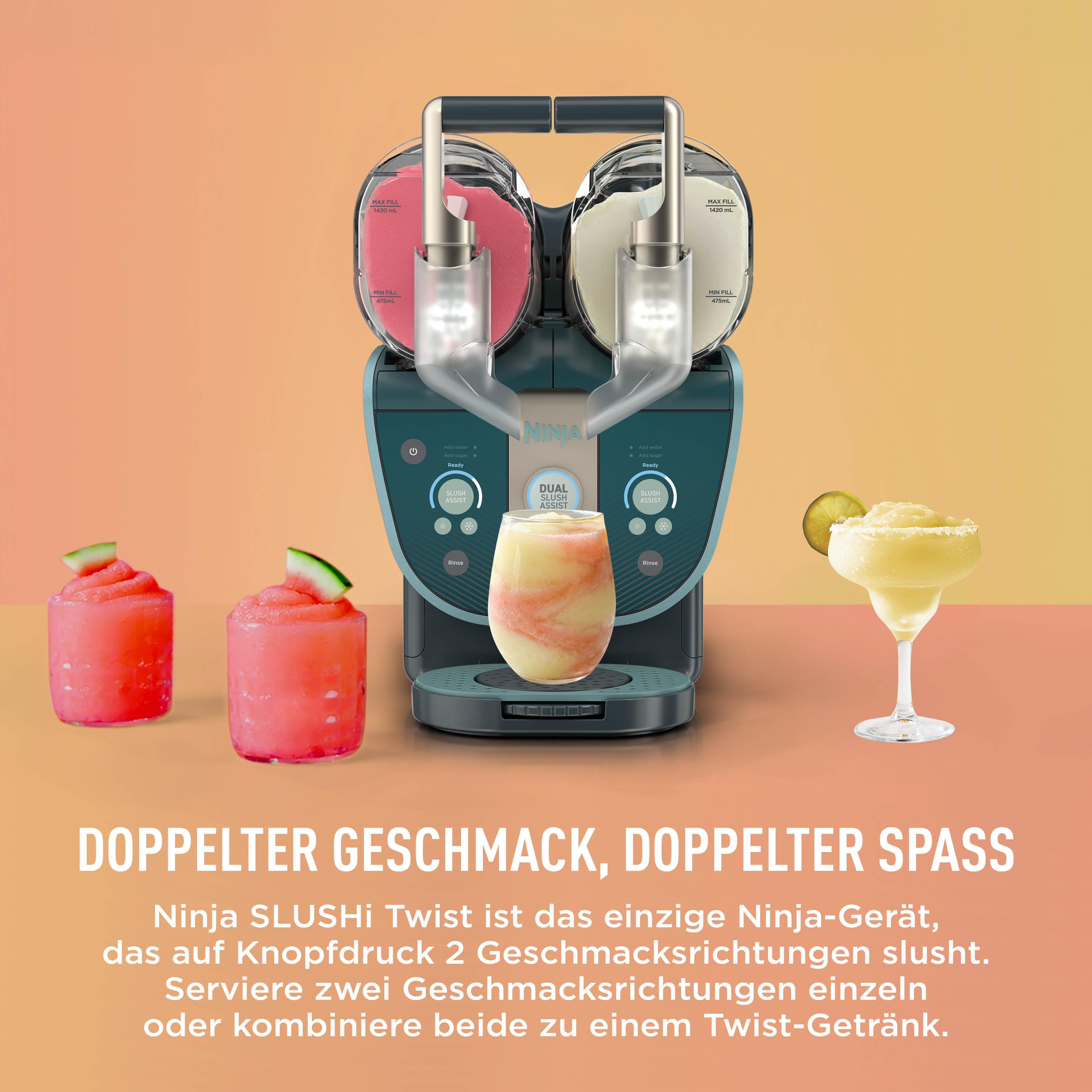 Eine Ninja SLUSHi Twist Maschine macht rosa und weiße Slush-Getränke, mit Gläsern und Text im Bild.