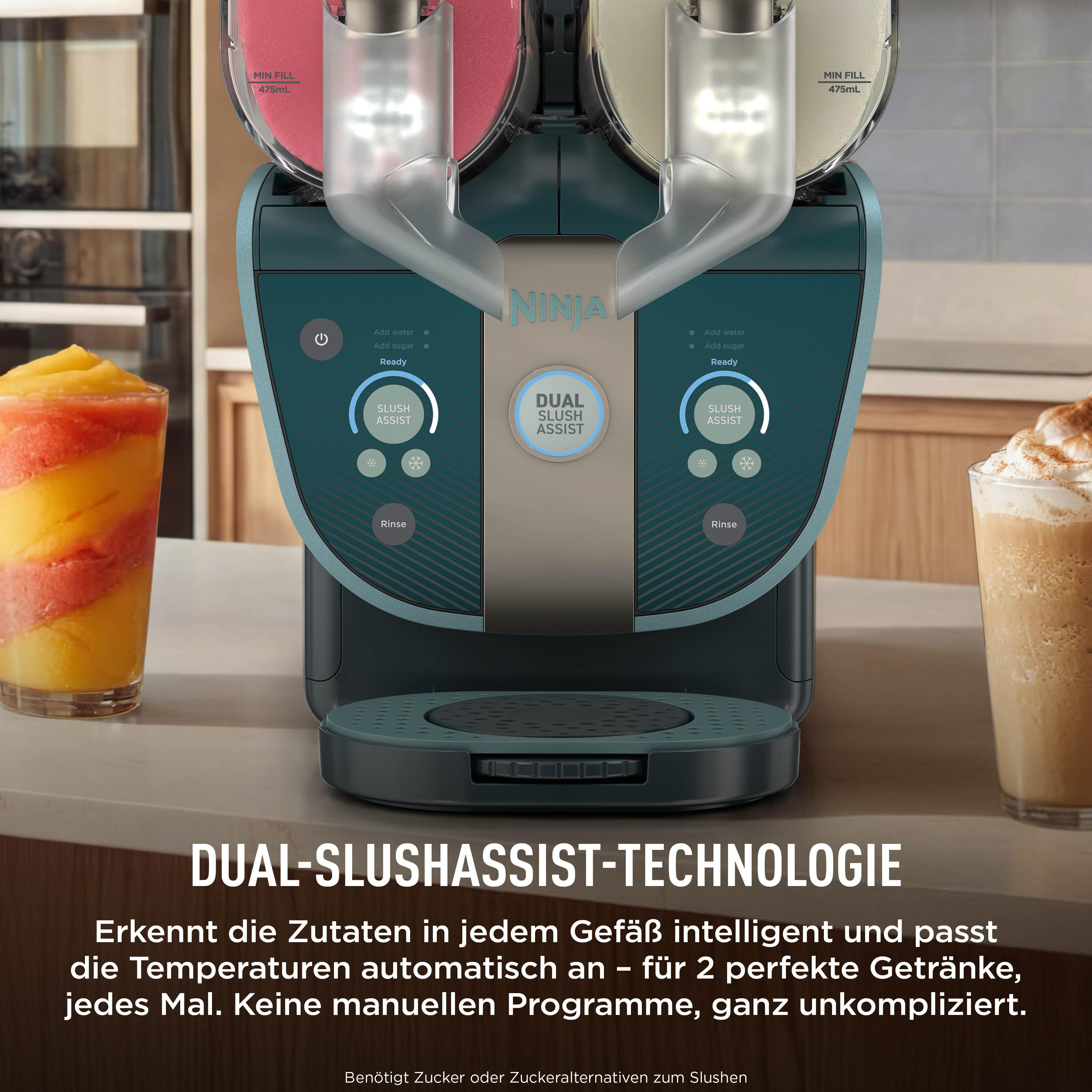 Eine türkisfarbene Ninja Doppel-Slush-Maschine auf einer Küchenarbeitsplatte mit zwei Getränken und Text unten.