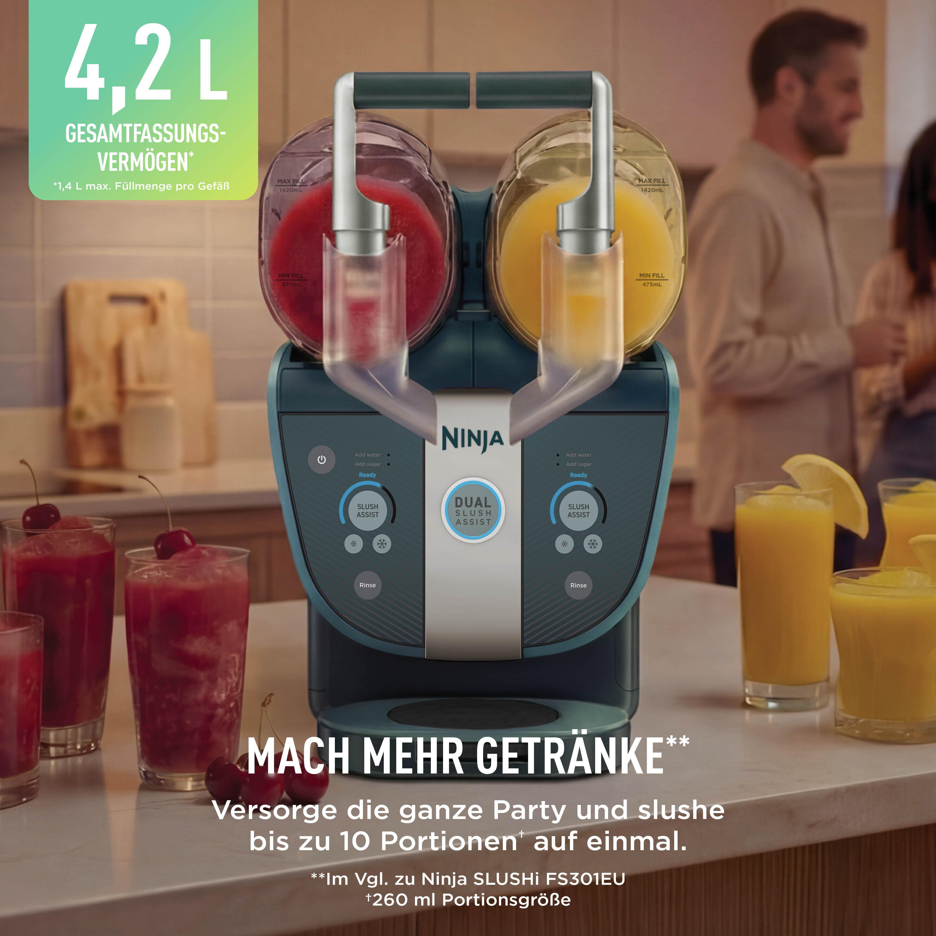 Ninja Slush-Maschine mit zwei Behältern für rote und gelbe Getränke, umgeben von Gläsern auf einer Theke.