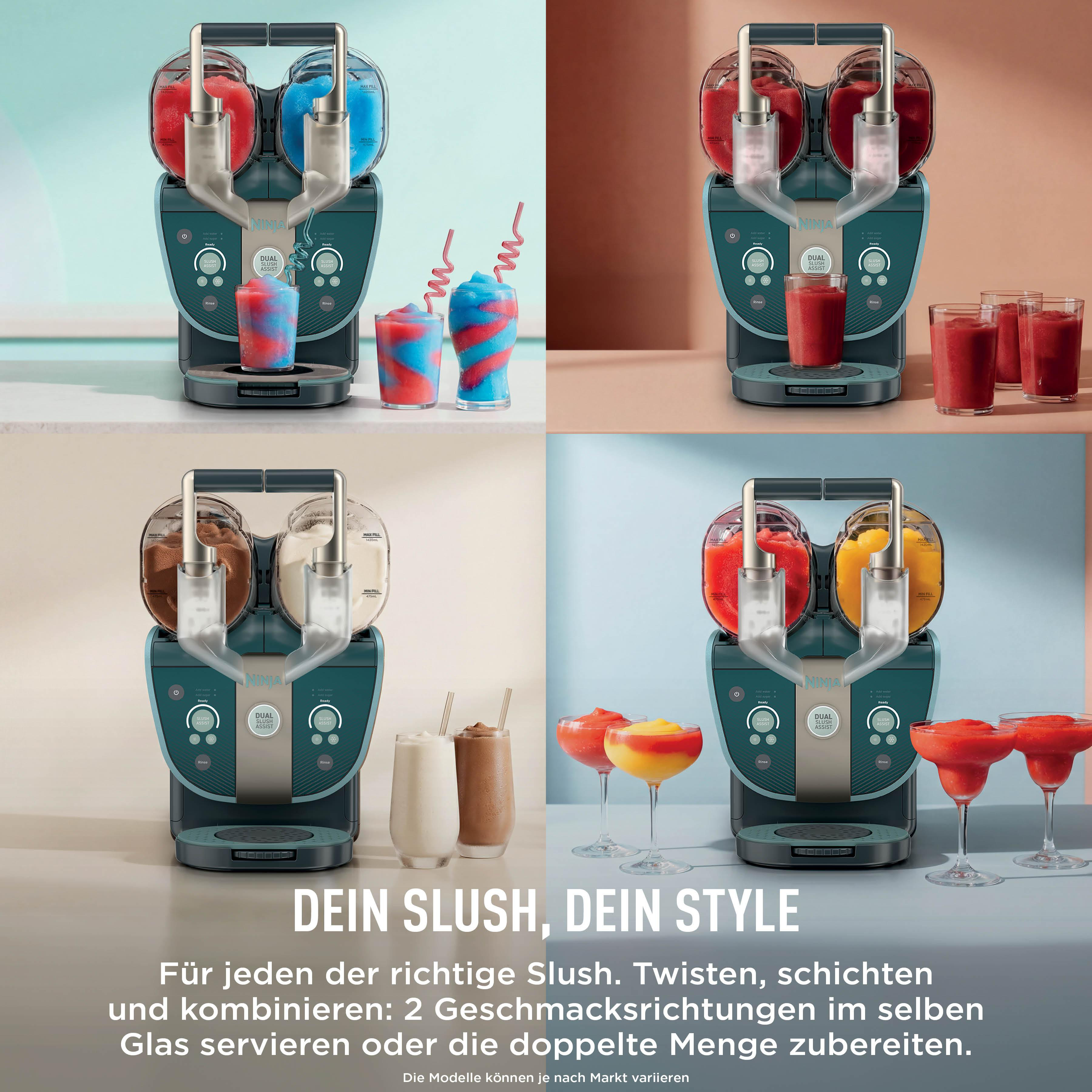 Ninja Slush-Bereiter in vier verschiedenen Szenen mit roten, blauen, braunen und gelben Slush-Eis-Getränken.