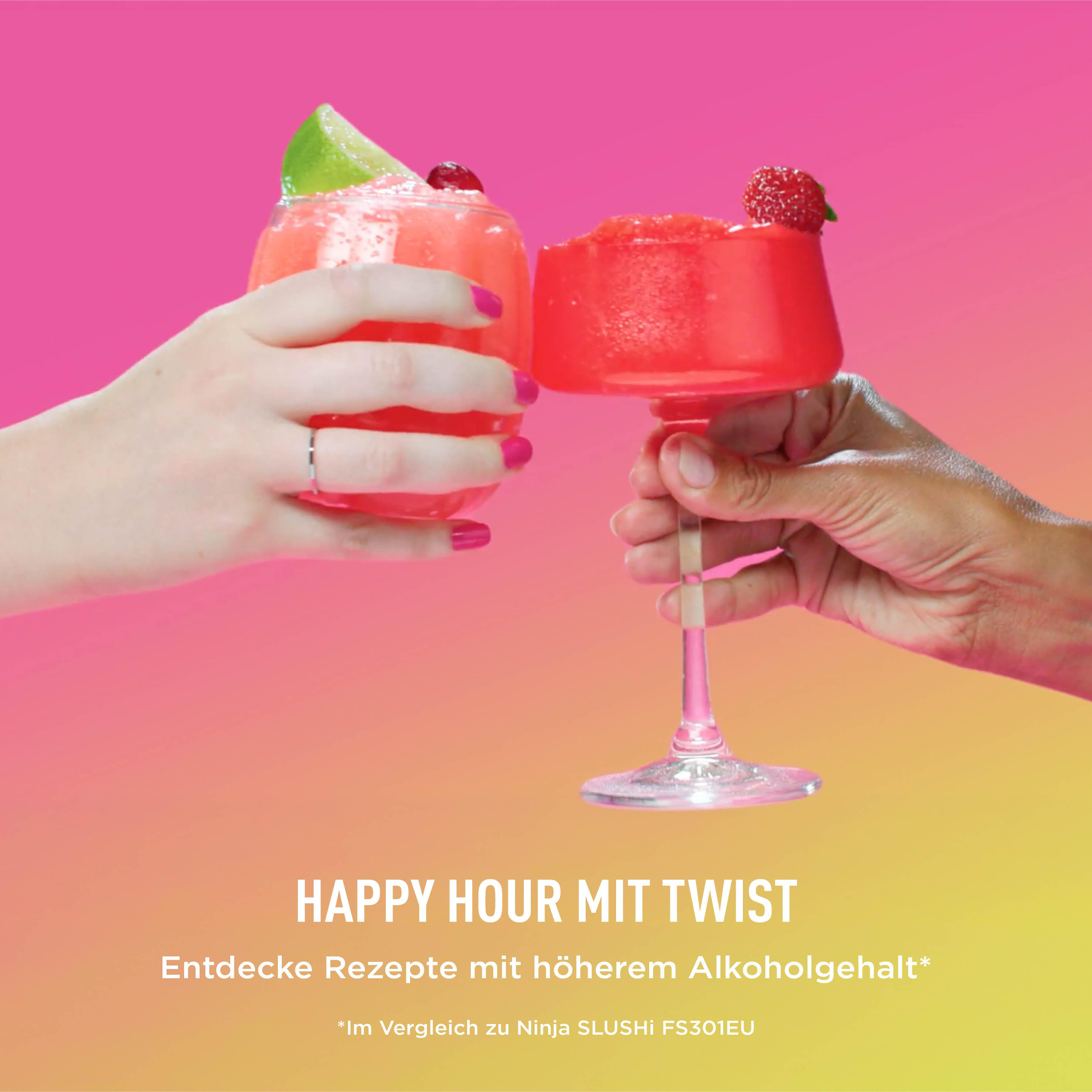 Zwei Hände halten rote Cocktails mit Früchten vor rosa-gelbem Hintergrund, mit Text.
