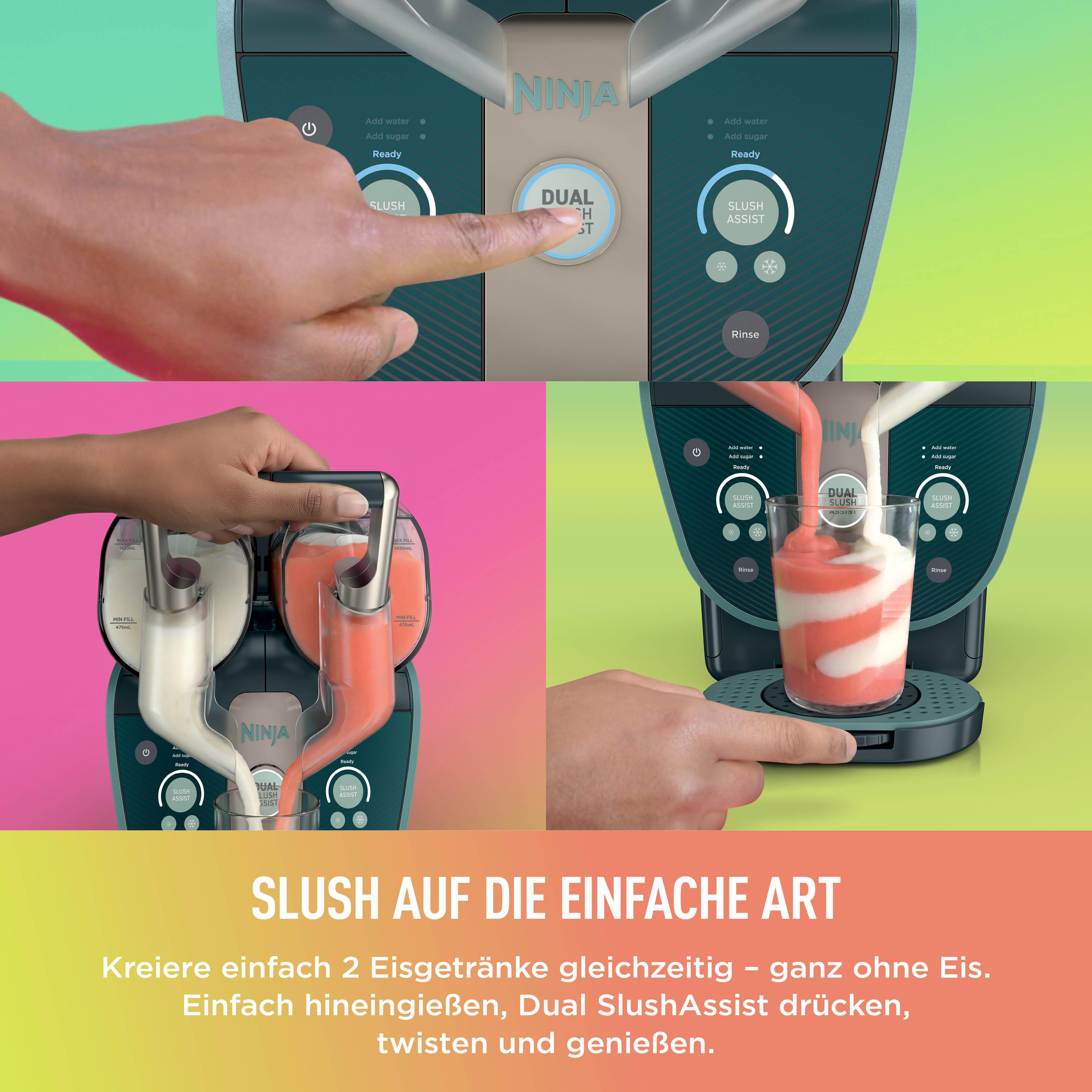 Eine Hand bedient eine Ninja-Slush-Maschine und gießt zwei Eiskränke in ein Glas.